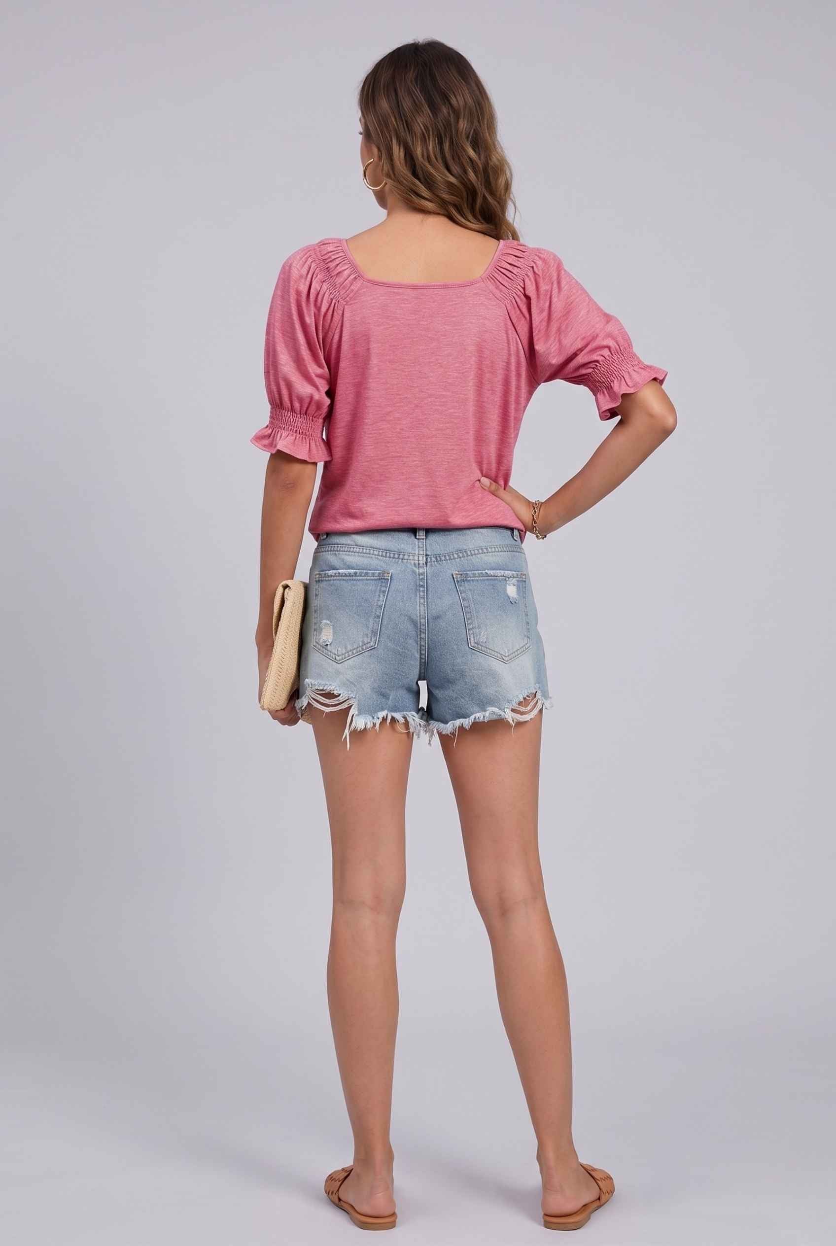 Virtual Model wearing The Adela Knit Ruched Top Scoop Neck Light Pink Smocked Sleeve Top