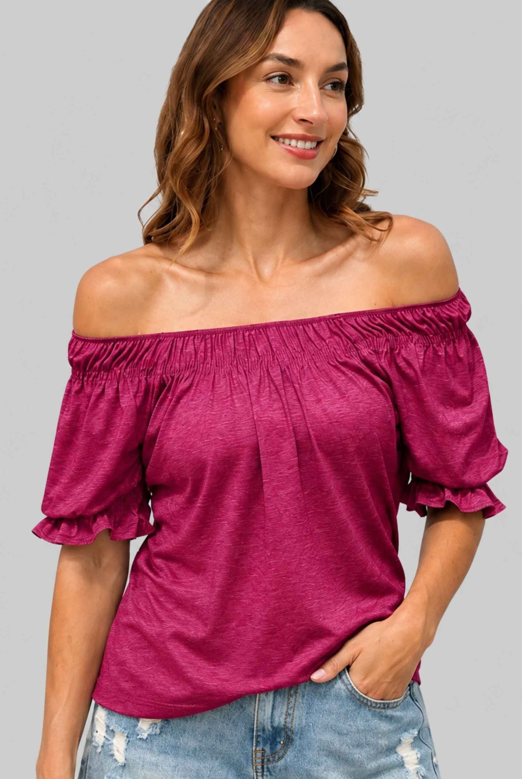 Virtual Model wearing The Adela Knit Ruched Top Scoop Neck Red Smocked Sleeve Top