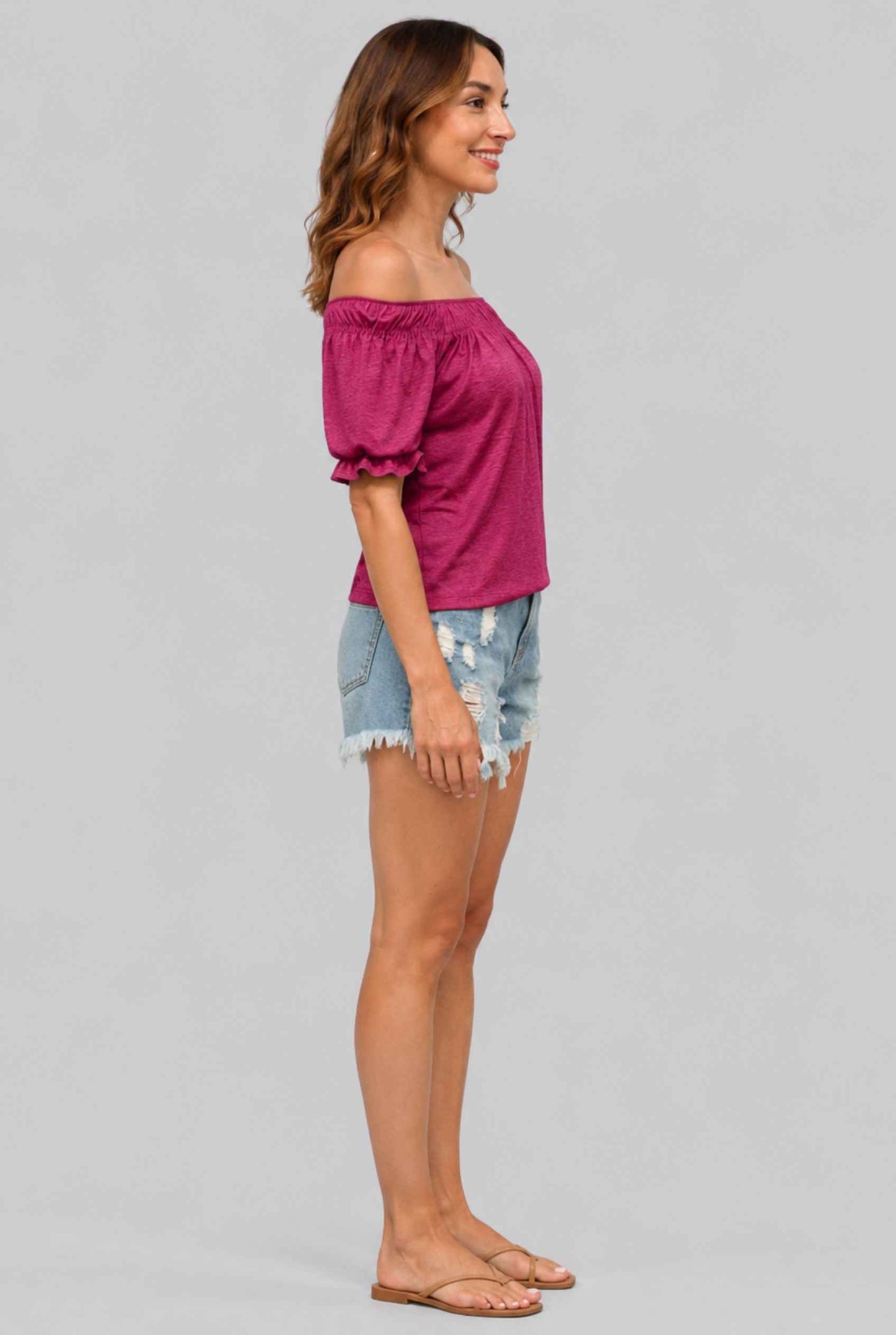 Virtual Model wearing The Adela Knit Ruched Top Scoop Neck Red Smocked Sleeve Top