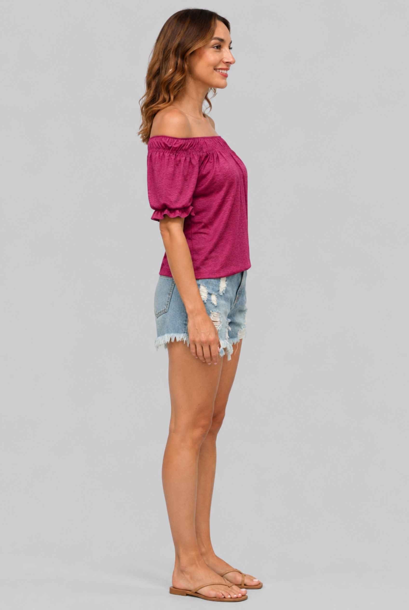 Virtual Model wearing The Adela Knit Ruched Top Scoop Neck Red Smocked Sleeve Top