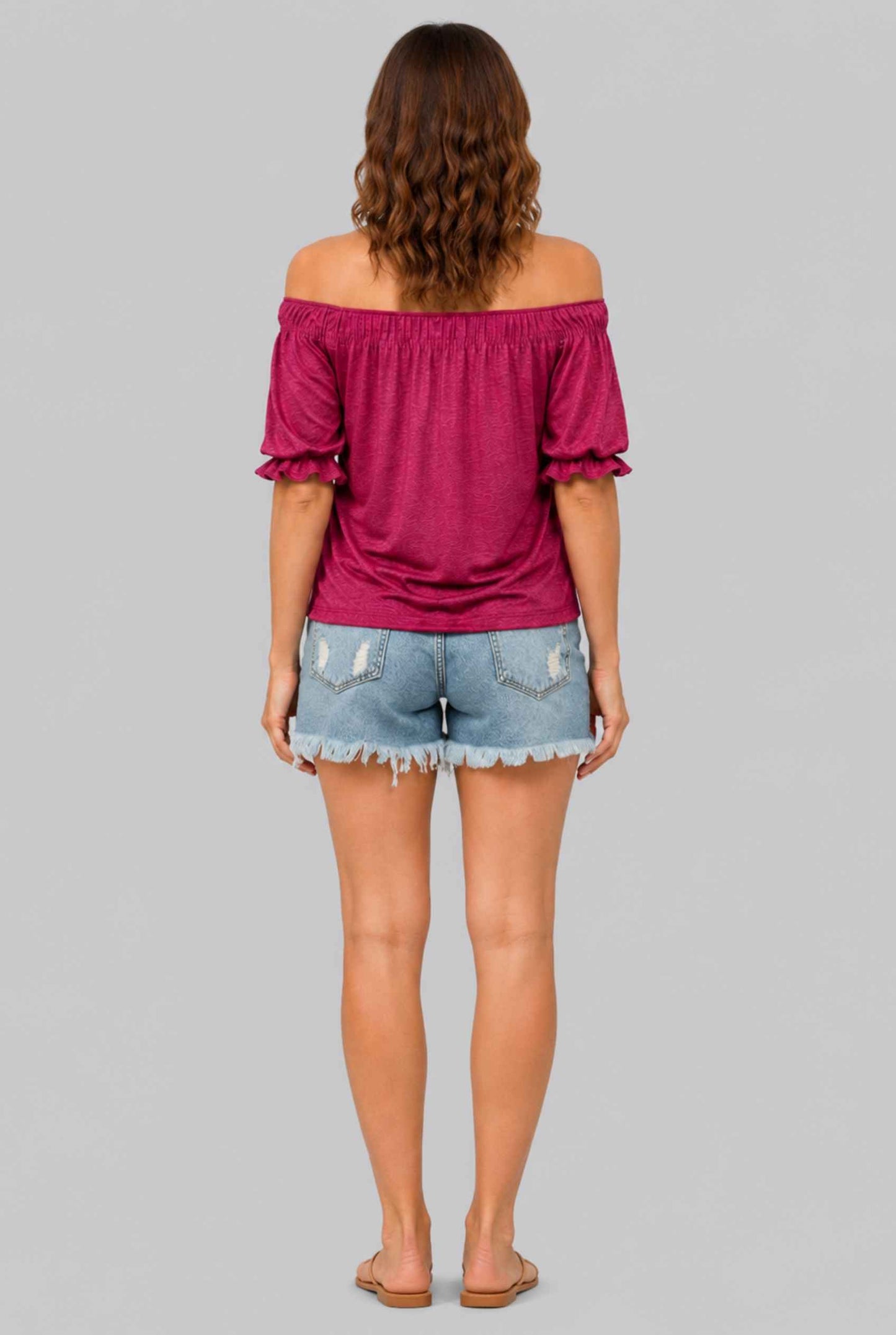 Virtual Model wearing The Adela Knit Ruched Top Scoop Neck Red Smocked Sleeve Top