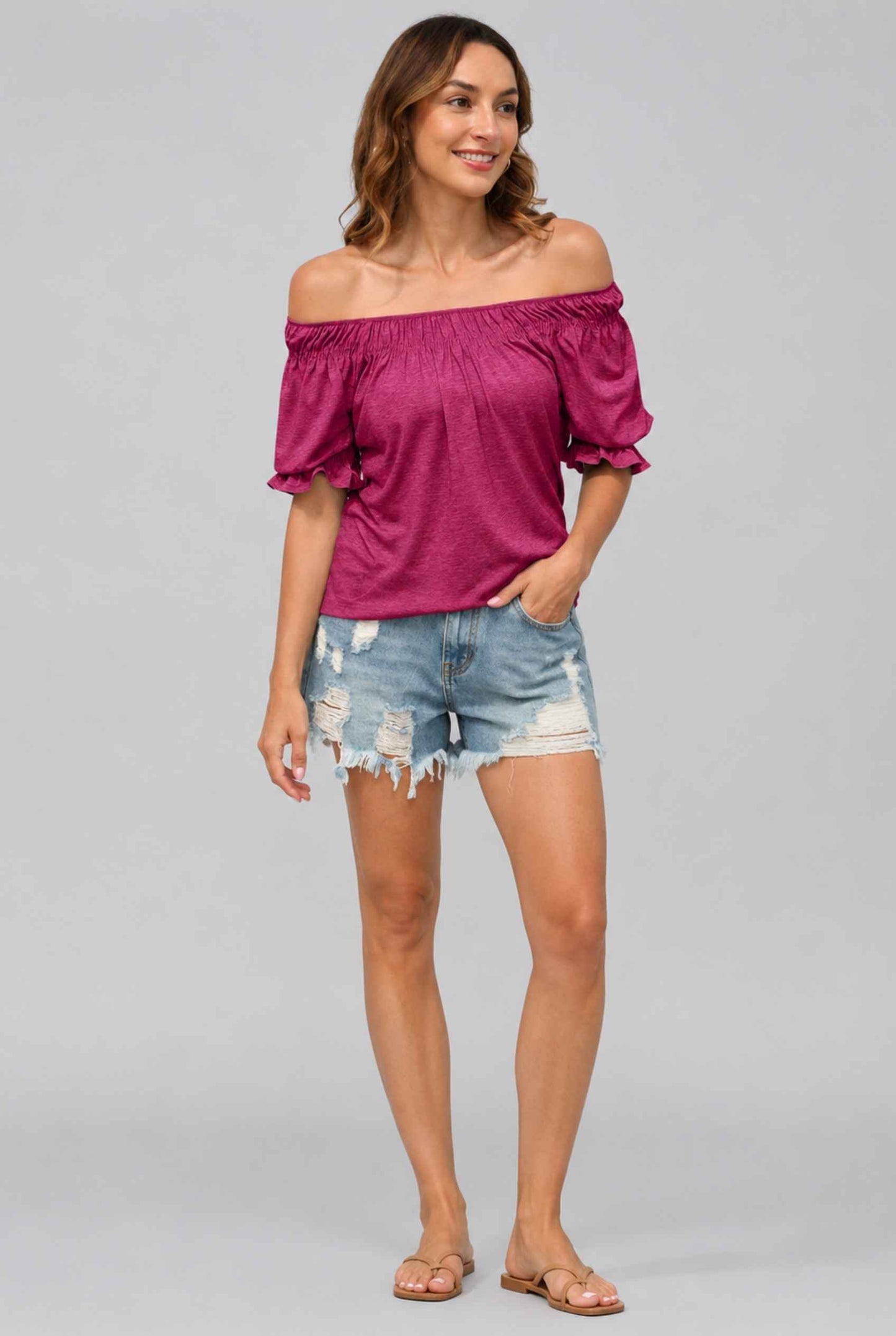 Virtual Model wearing The Adela Knit Ruched Top Scoop Neck Red Smocked Sleeve Top