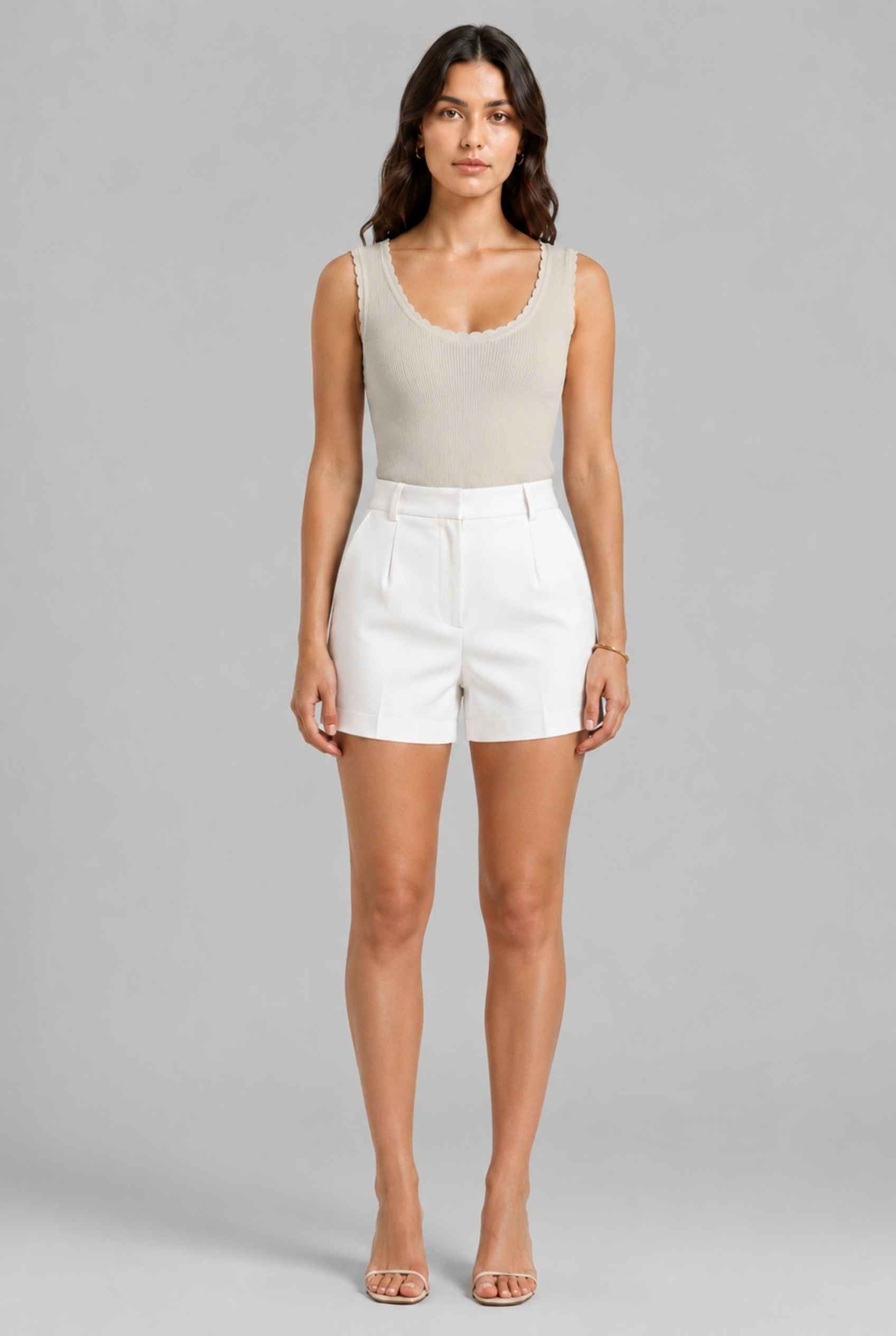 Virtual Model wearing The Aida Scalloped Knit Top Scoop Neck Ribbed Beige Tank Top