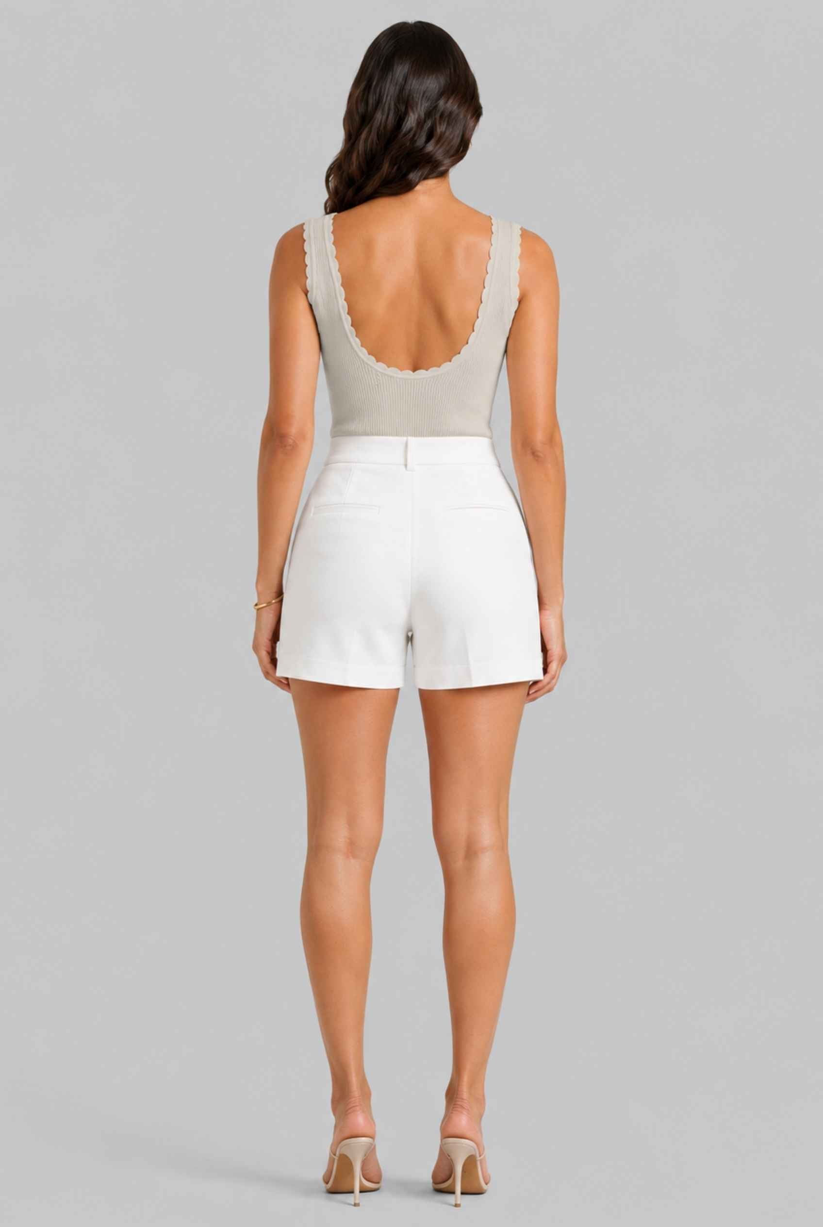 Virtual Model wearing The Aida Scalloped Knit Top Scoop Neck Ribbed Beige Tank Top