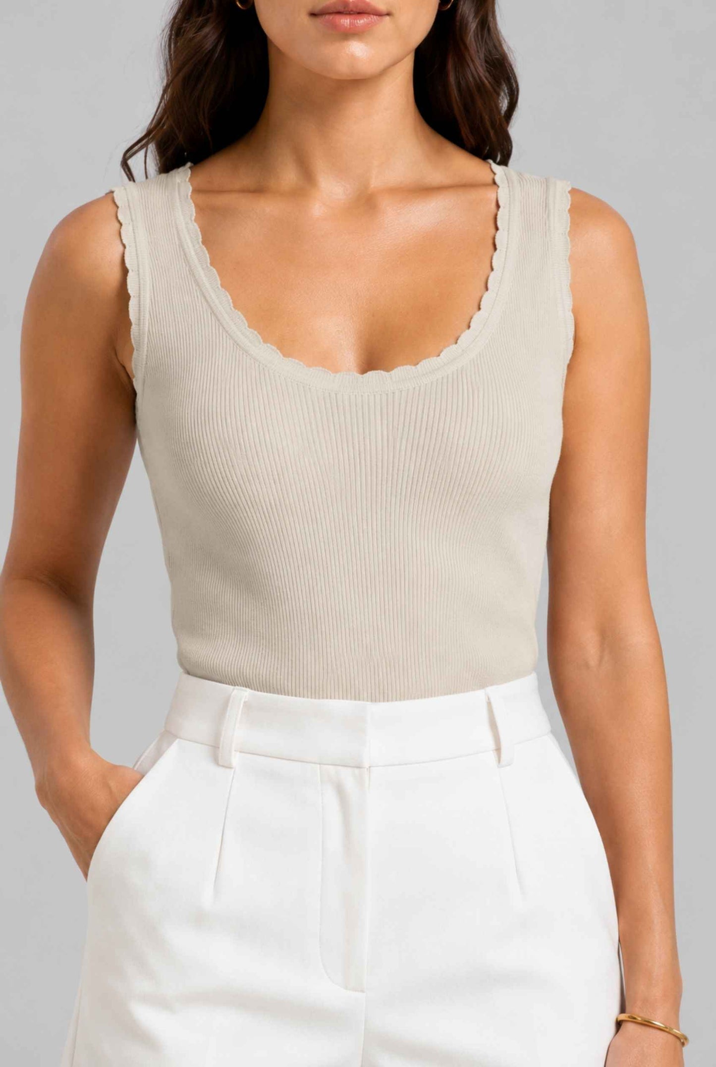 Virtual Model wearing The Aida Scalloped Knit Top Scoop Neck Ribbed Beige Tank Top