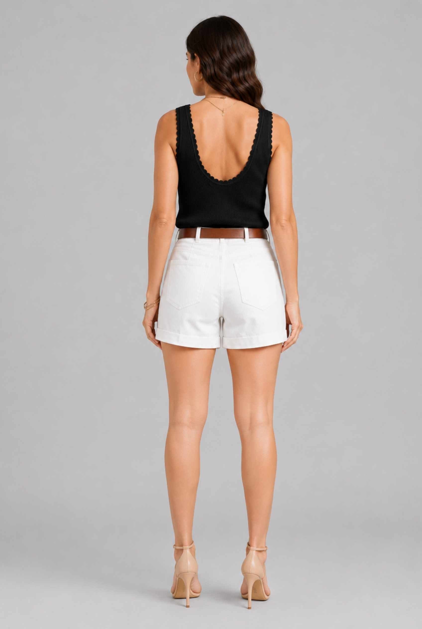 Virtual Model wearing The Aida Scalloped Knit Top Scoop Neck Ribbed Black Tank Top
