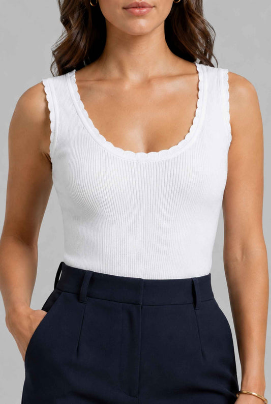 Virtual Model wearing The Aida Scalloped Knit Top Scoop Neck Ribbed White Tank Top