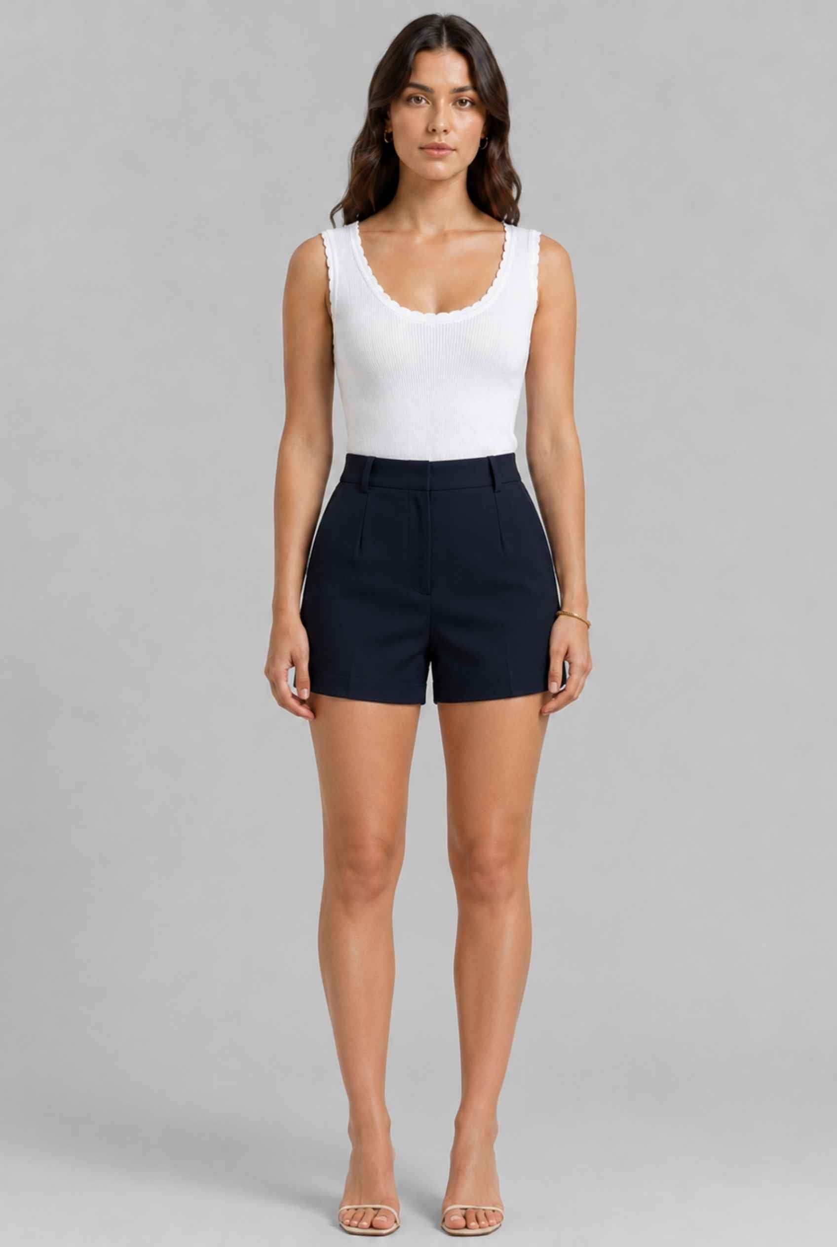 Virtual Model wearing The Aida Scalloped Knit Top Scoop Neck Ribbed White Tank Top