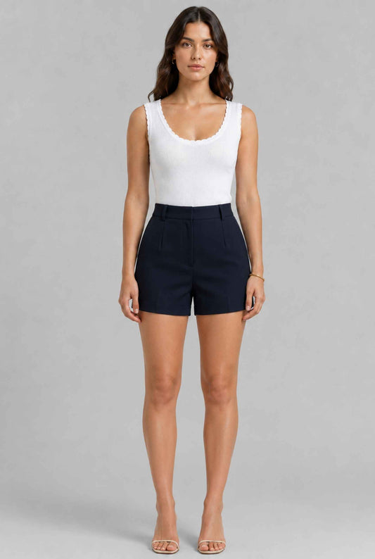 Virtual Model wearing The Aida Scalloped Knit Top Scoop Neck Ribbed White Tank Top
