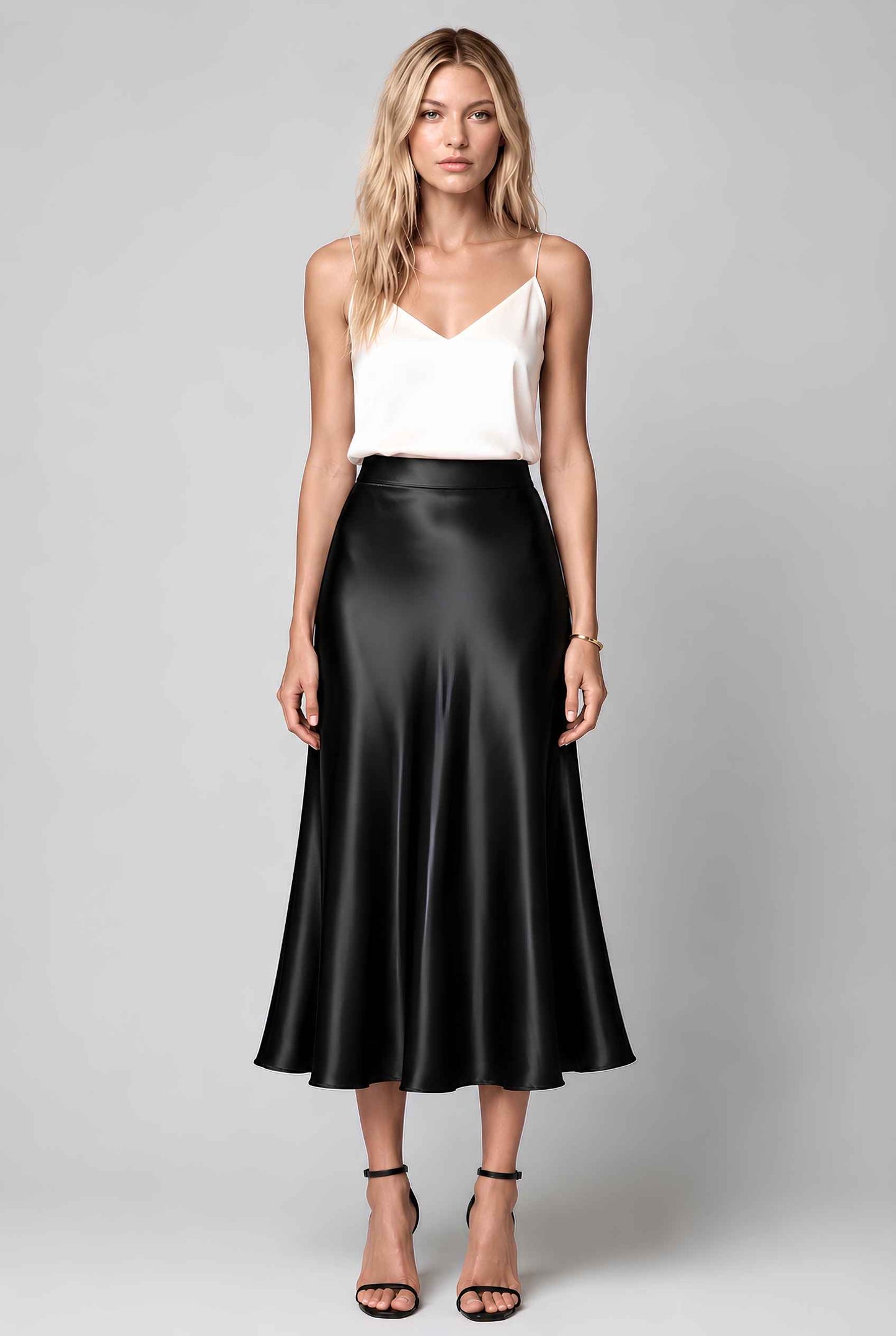 Virtual model wearing The Amaya Satin Skirt High-Waisted Satin Bias Cut Midi Skirt in Black 