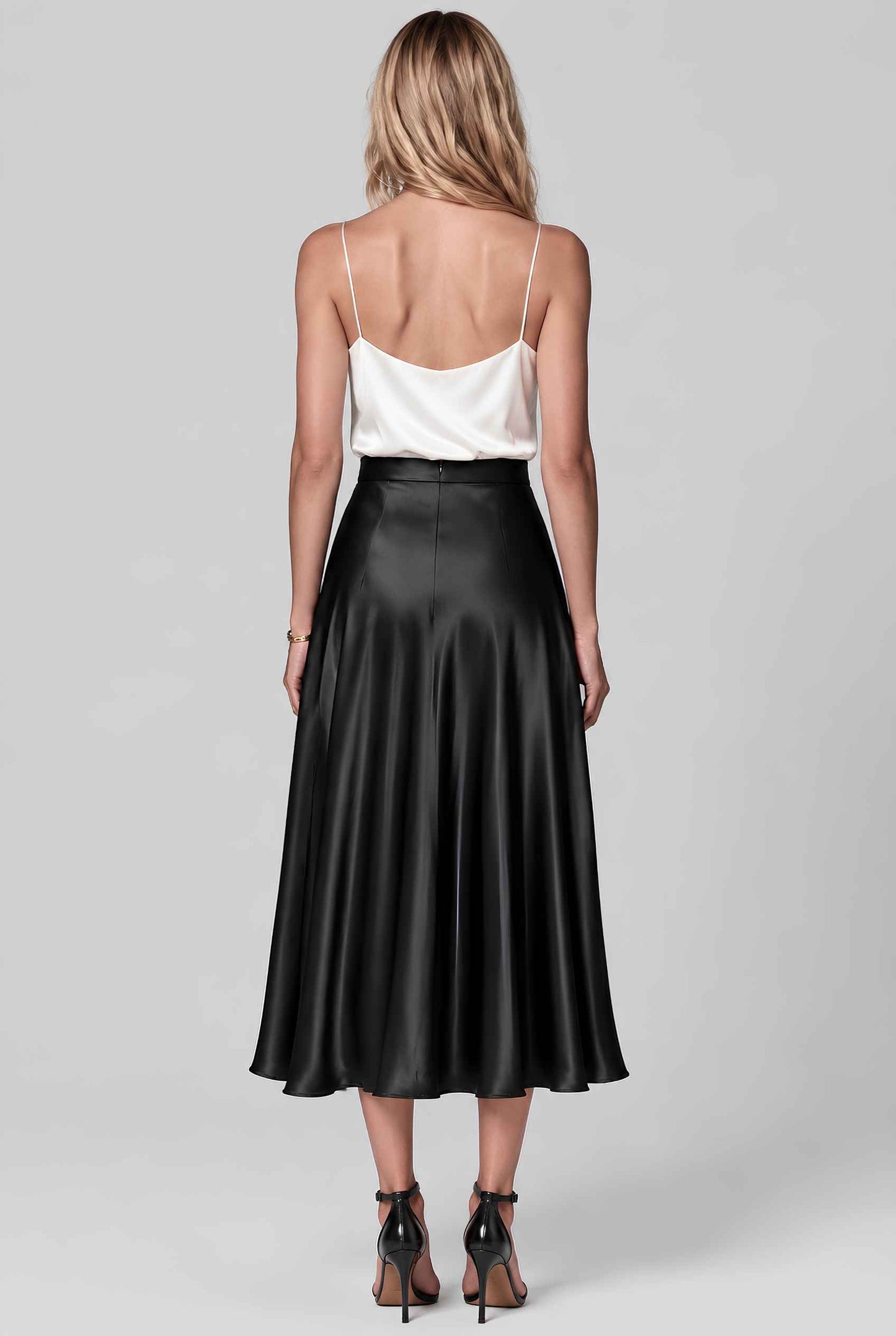 Virtual model wearing The Amaya Satin Skirt High-Waisted Satin Bias Cut Midi Skirt in Black 