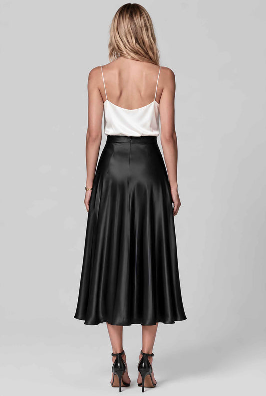 Virtual model wearing The Amaya Satin Skirt High-Waisted Satin Bias Cut Midi Skirt in Black 