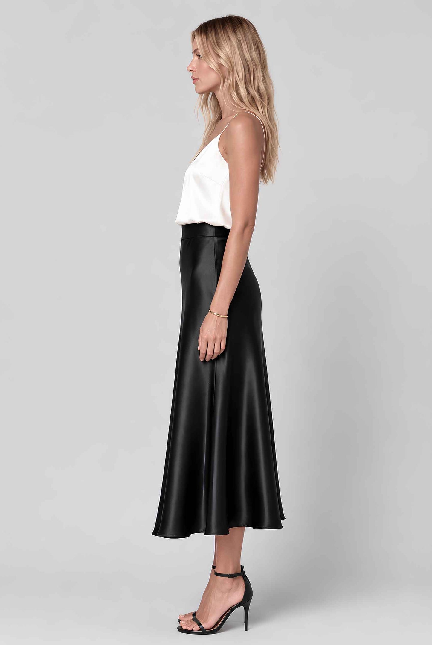 Virtual model wearing The Amaya Satin Skirt High-Waisted Satin Bias Cut Midi Skirt in Black 