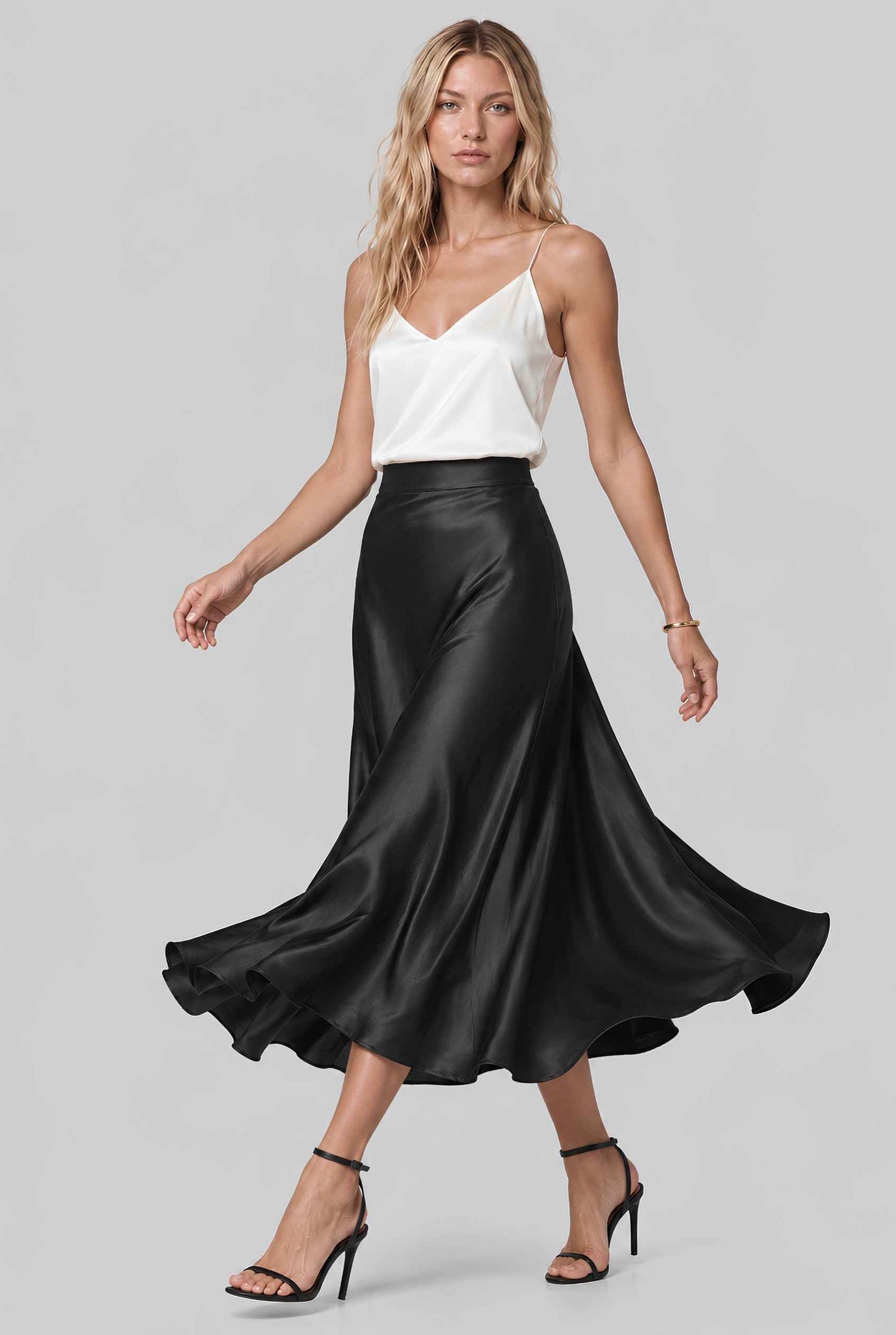 Virtual model wearing The Amaya Satin Skirt High-Waisted Satin Bias Cut Midi Skirt in Black 