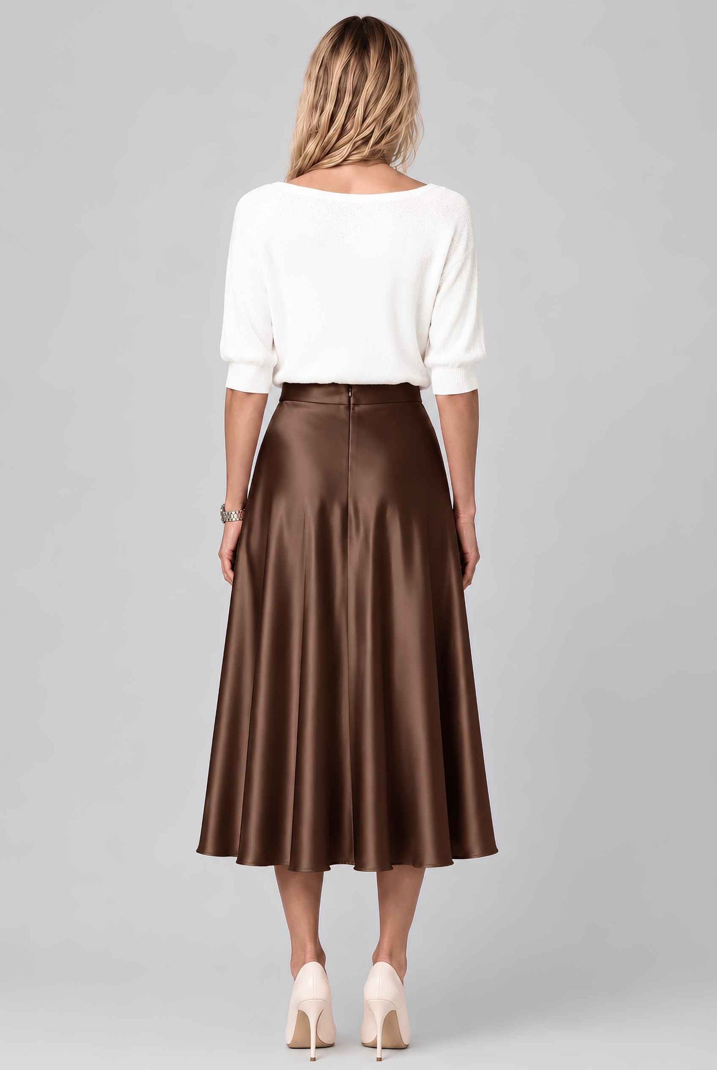 Virtual model wearing The Amaya Satin Skirt High-Waisted Satin Bias Cut Midi Skirt in Brown