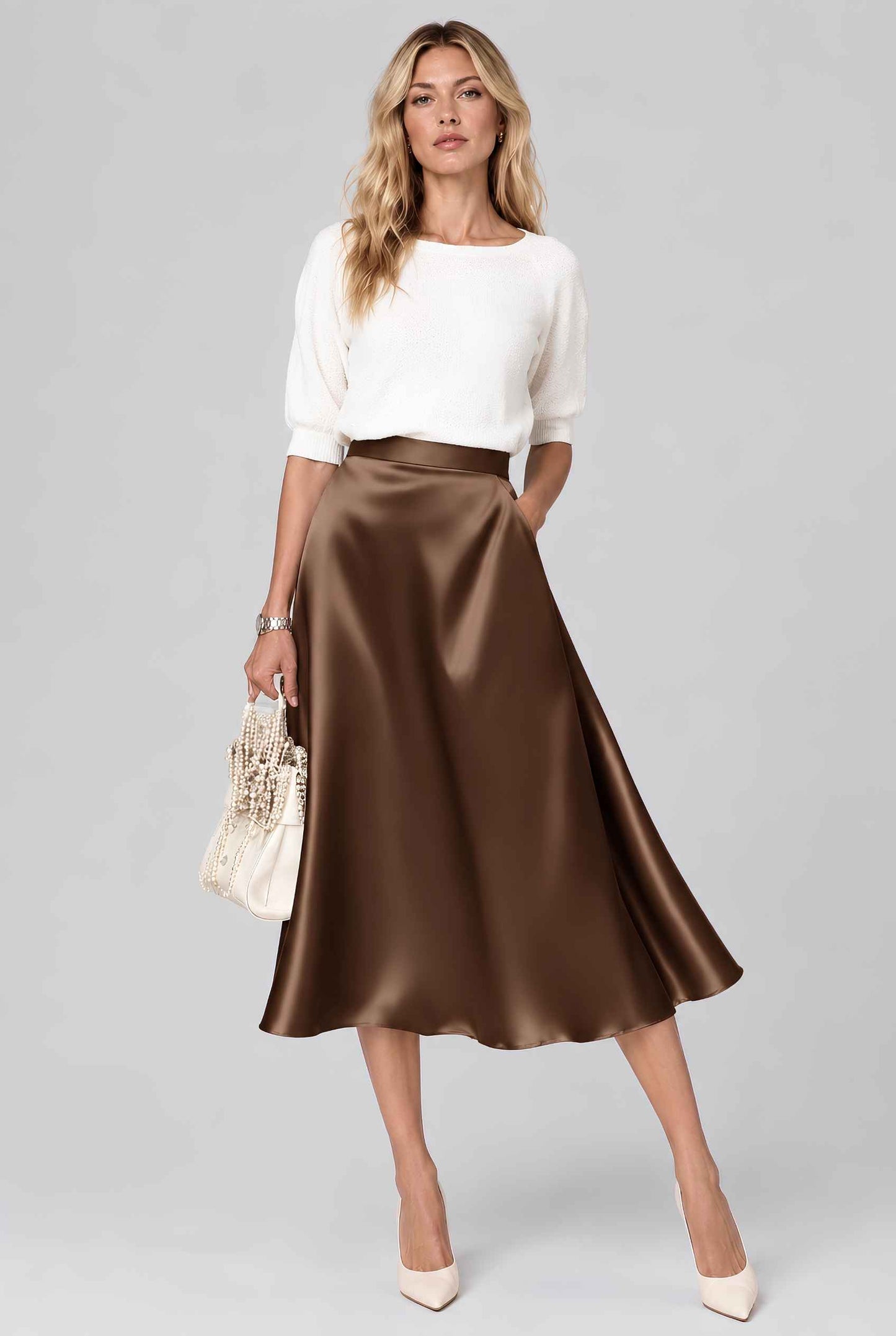 Virtual model wearing The Amaya Satin Skirt High-Waisted Satin Bias Cut Midi Skirt in Brown