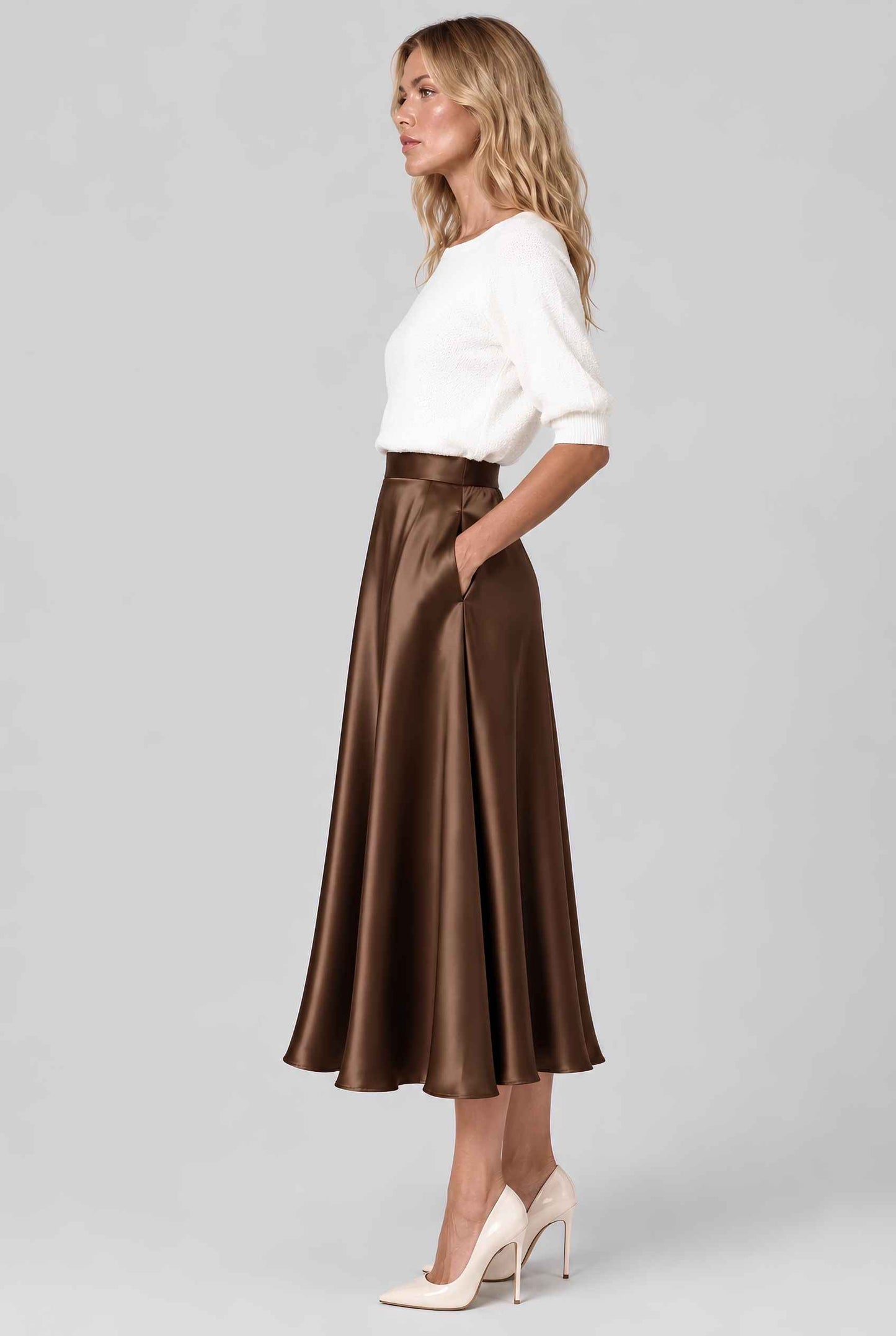 Virtual model wearing The Amaya Satin Skirt High-Waisted Satin Bias Cut Midi Skirt in Brown