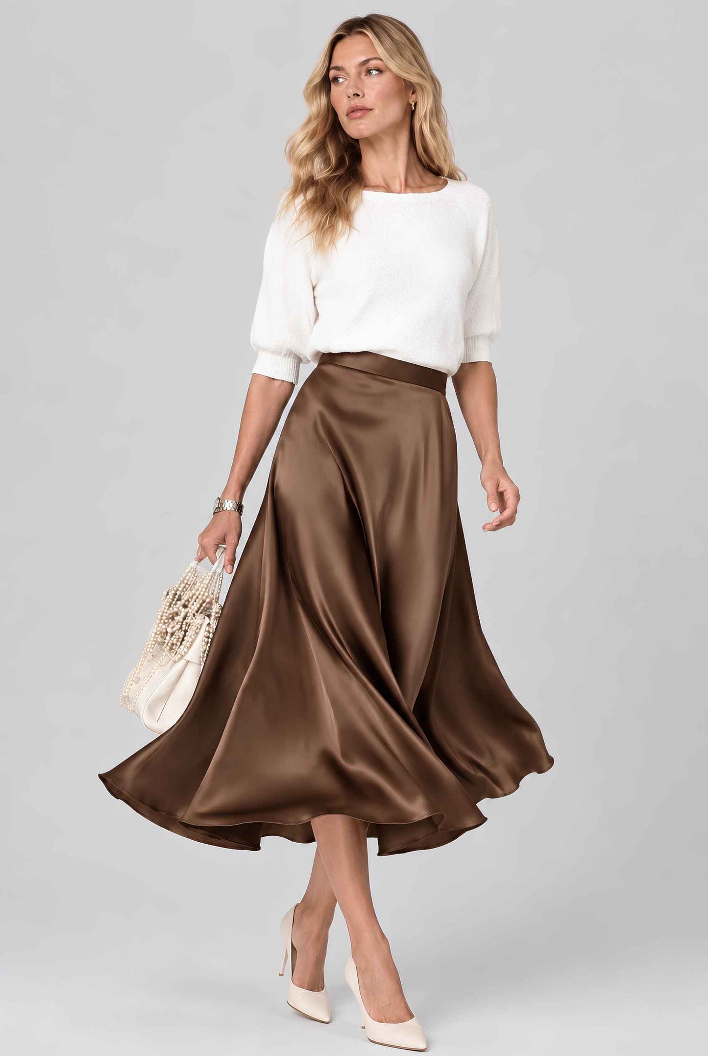 Virtual model wearing The Amaya Satin Skirt High-Waisted Satin Bias Cut Midi Skirt in Brown