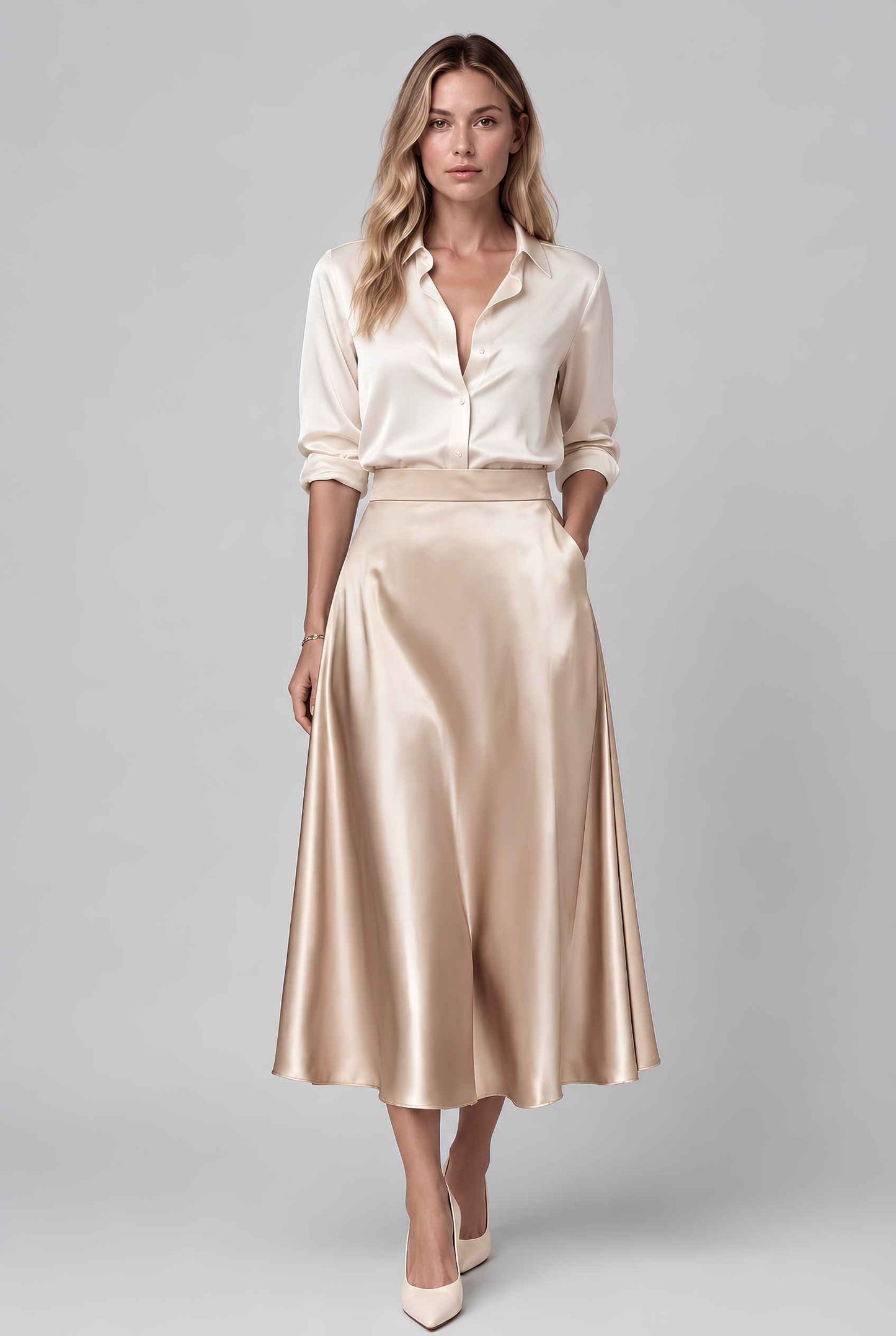 Virtual model wearing The Amaya Satin Skirt High-Waisted Satin Bias Cut Midi Skirt in Champagne