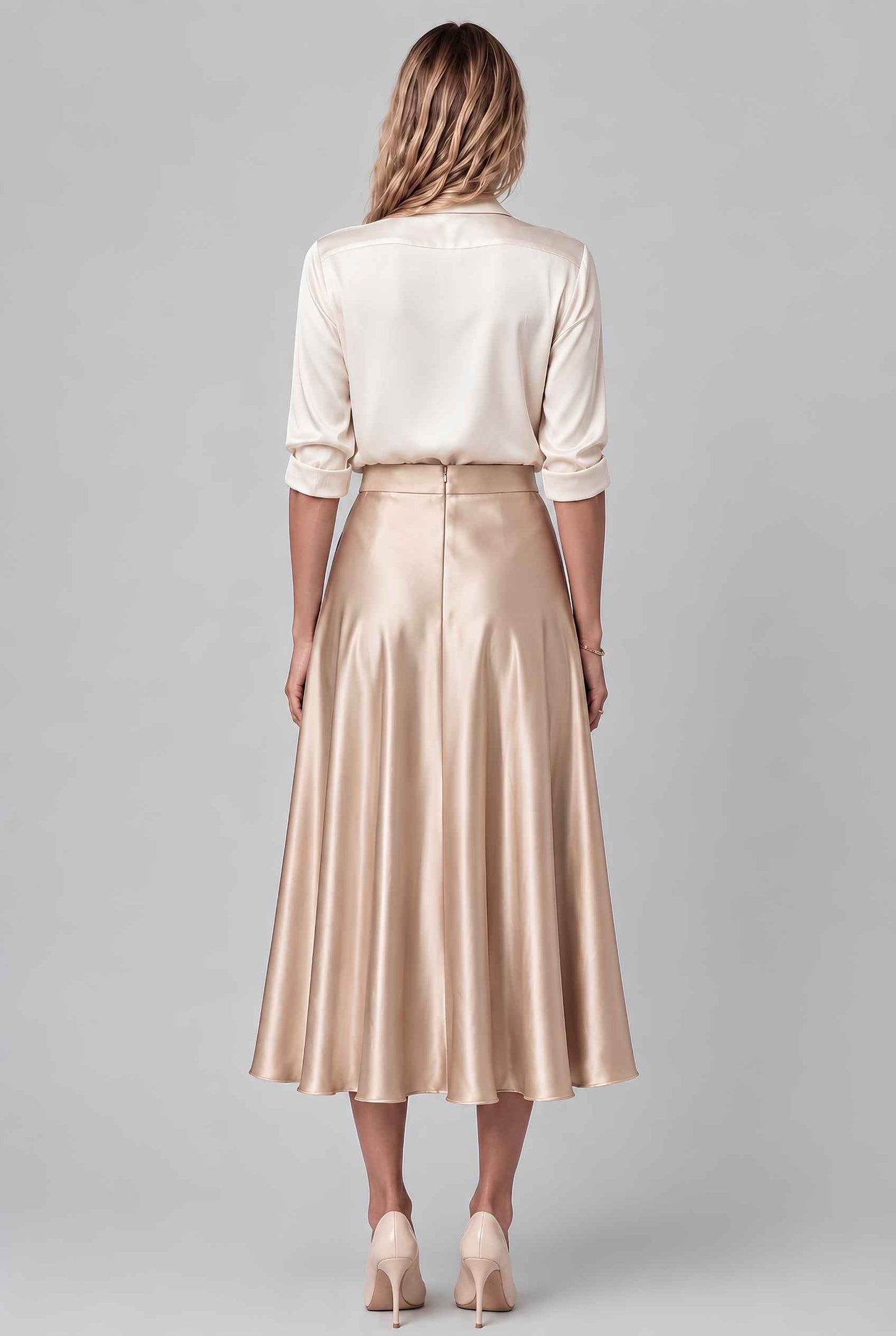 Virtual model wearing The Amaya Satin Skirt High-Waisted Satin Bias Cut Midi Skirt in Champagne