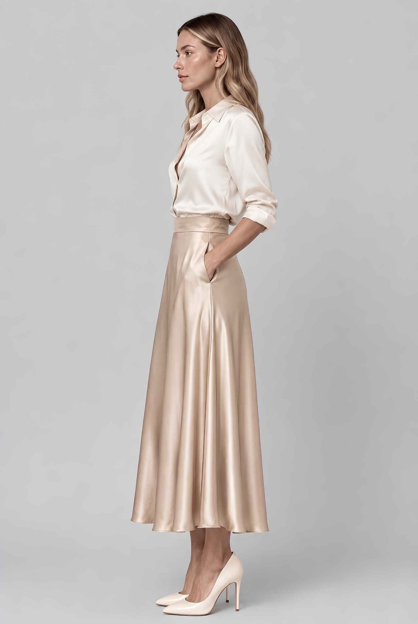 Virtual model wearing The Amaya Satin Skirt High-Waisted Satin Bias Cut Midi Skirt in Champagne