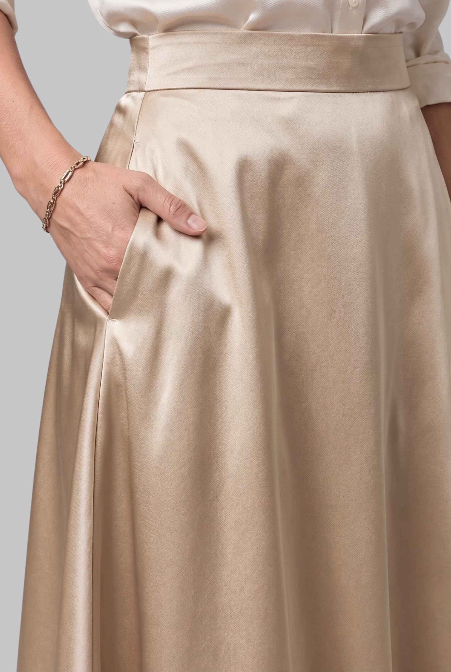 Virtual model wearing The Amaya Satin Skirt High-Waisted Satin Bias Cut Midi Skirt in Champagne