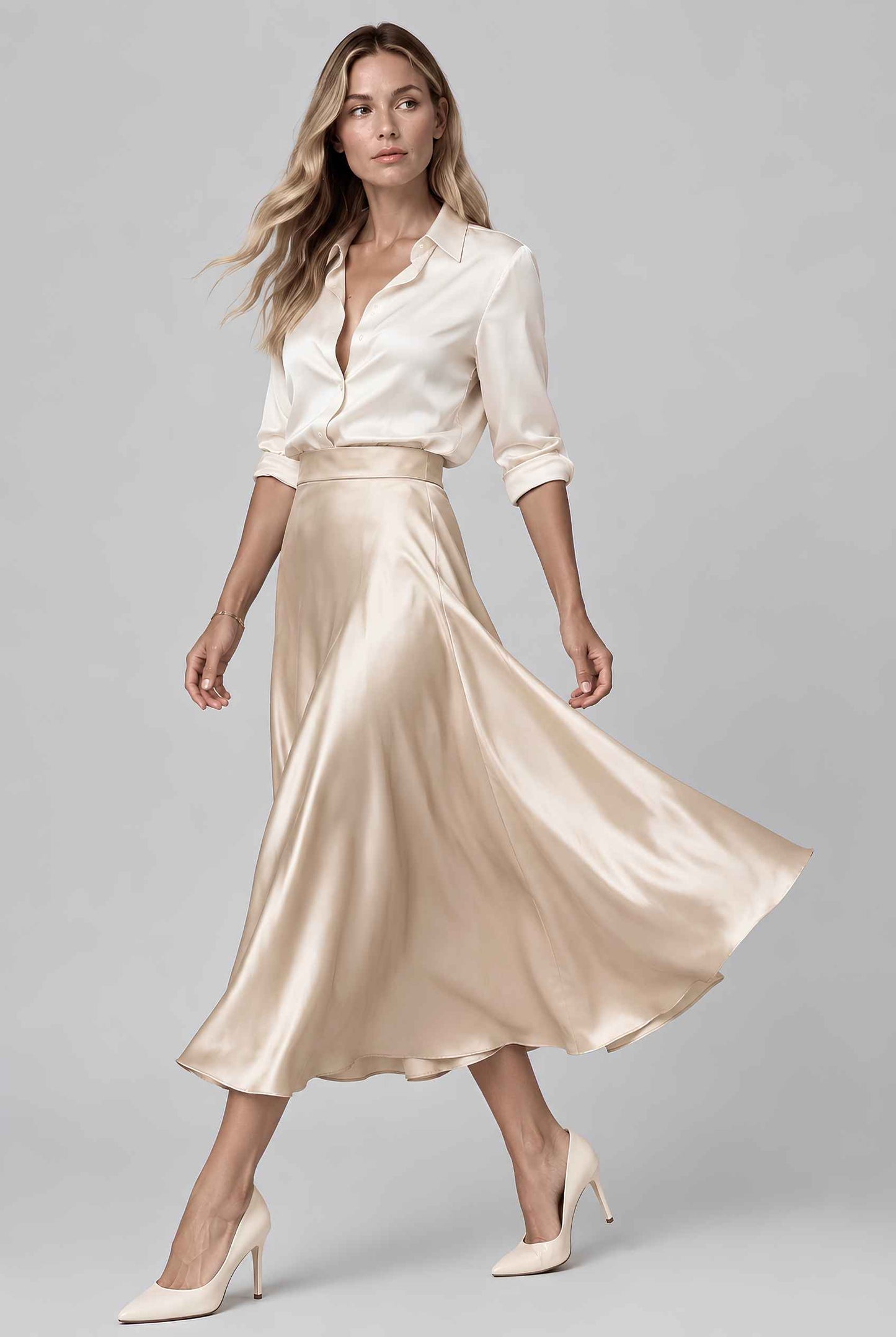 Virtual model wearing The Amaya Satin Skirt High-Waisted Satin Bias Cut Midi Skirt in Champagne