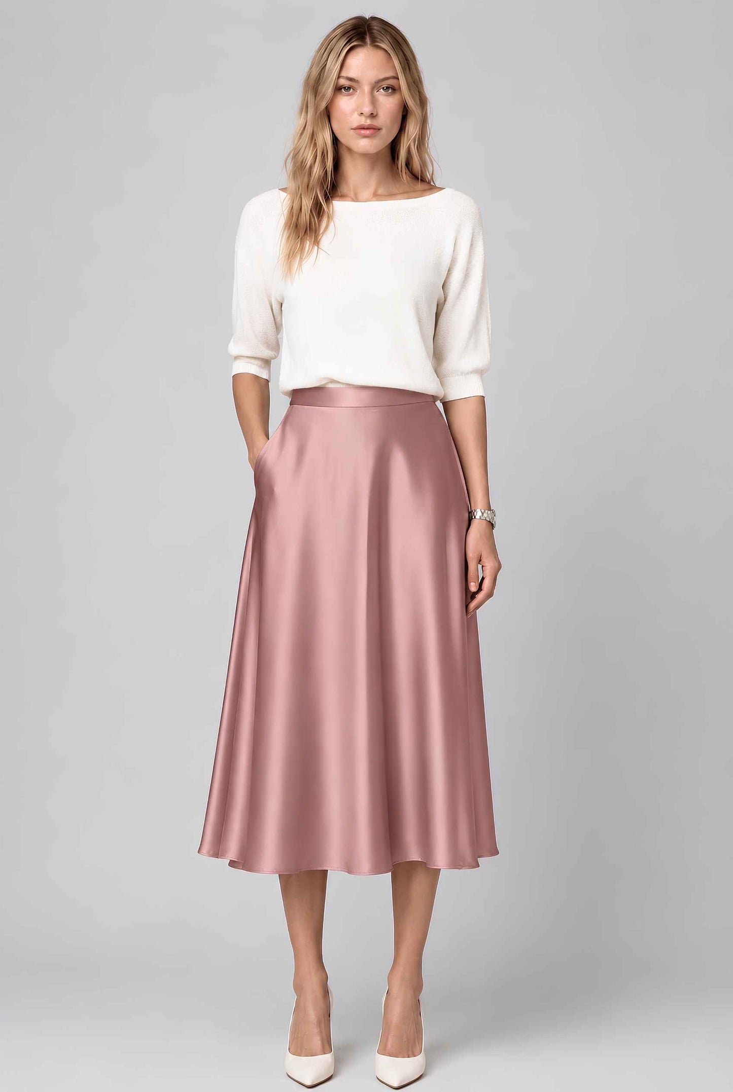 Virtual model wearing The Amaya Satin Skirt High-Waisted Satin Bias Cut Midi Skirt in Dusty Pink