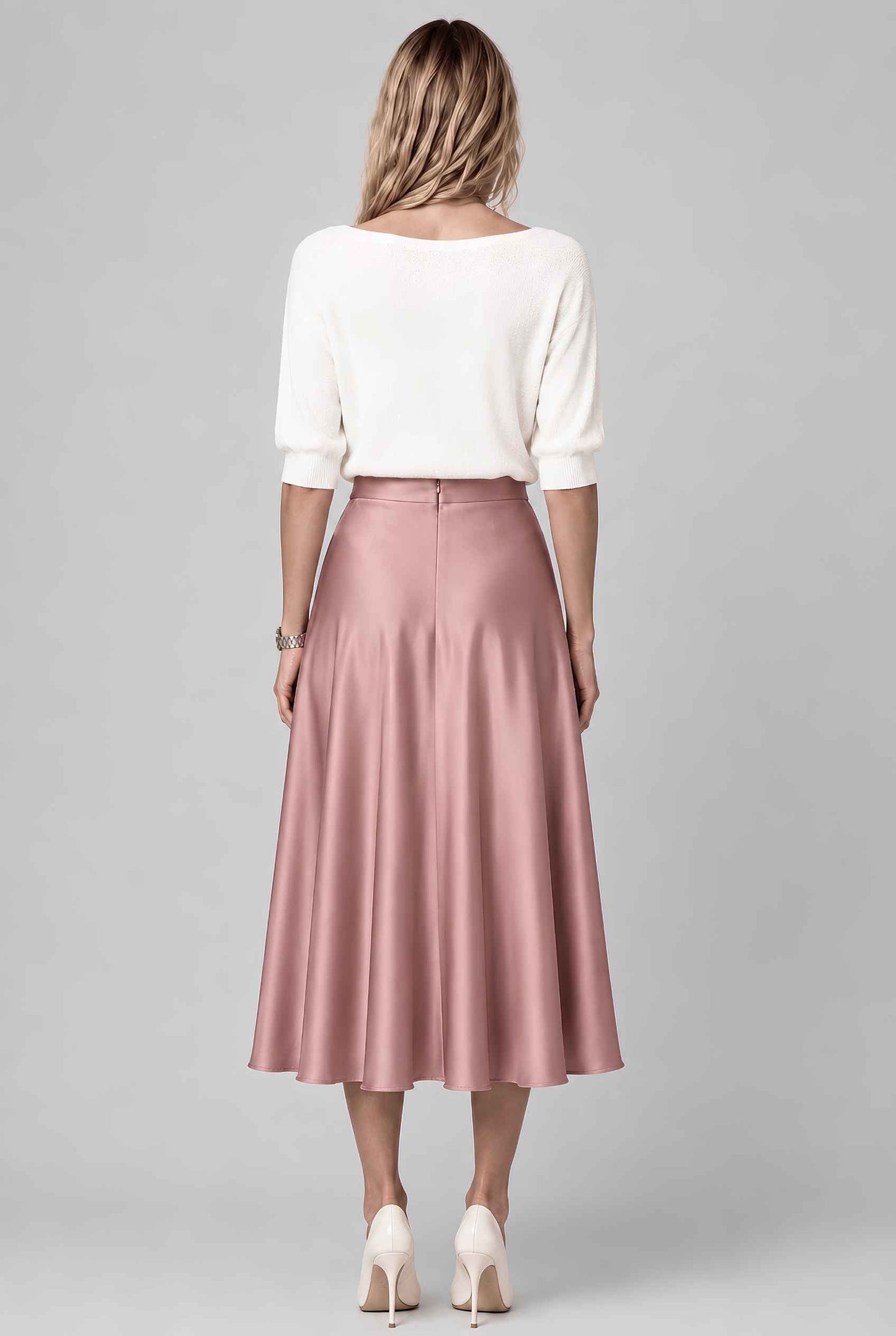 Virtual model wearing The Amaya Satin Skirt High-Waisted Satin Bias Cut Midi Skirt in Dusty Pink