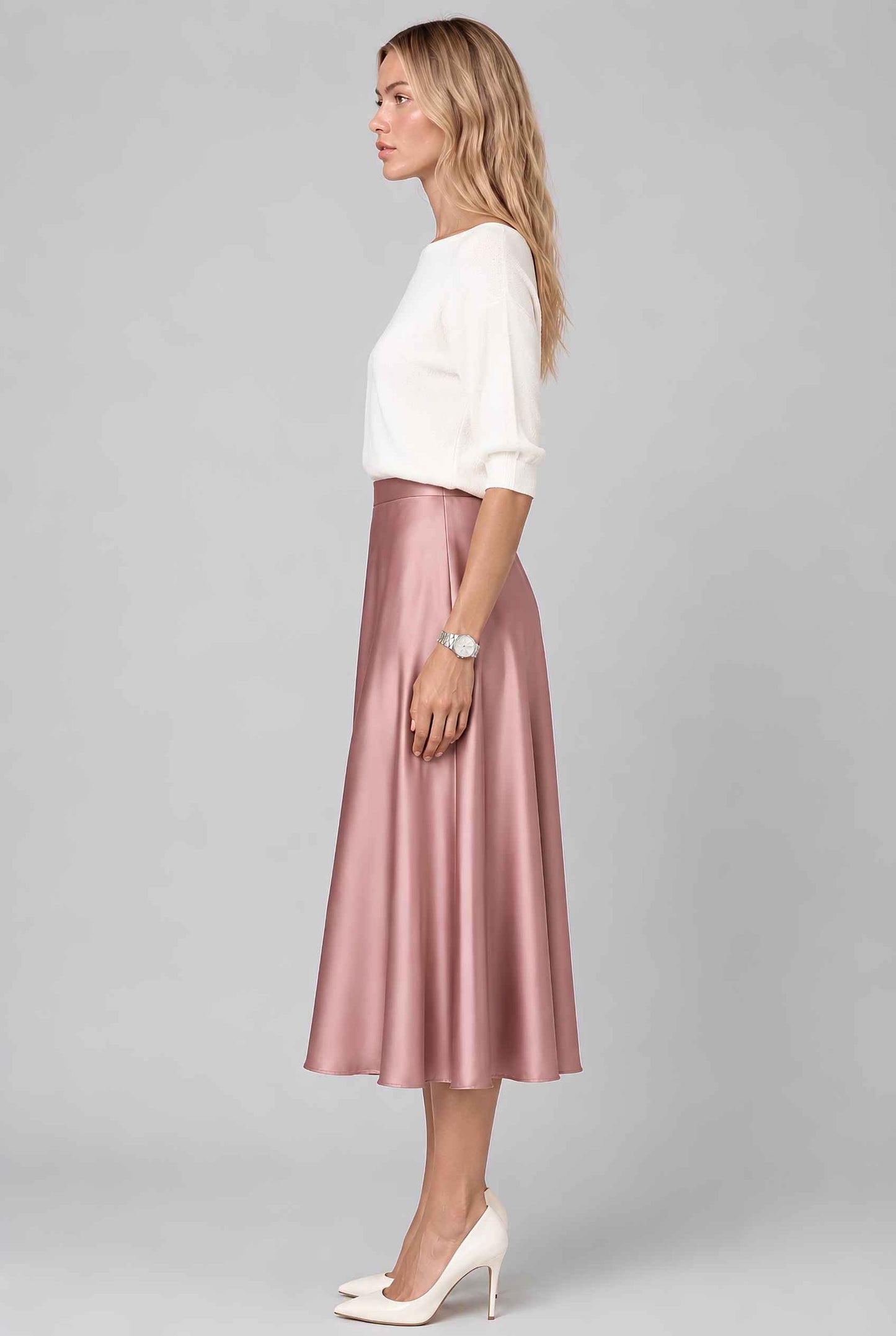 Virtual model wearing The Amaya Satin Skirt High-Waisted Satin Bias Cut Midi Skirt in Dusty Pink