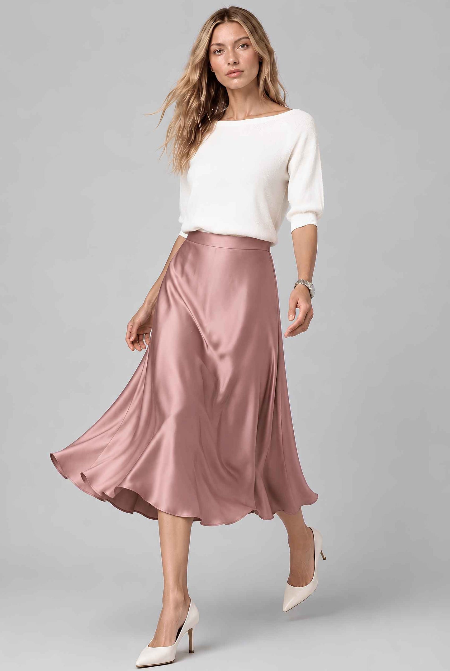 Virtual model wearing The Amaya Satin Skirt High-Waisted Satin Bias Cut Midi Skirt in Dusty Pink