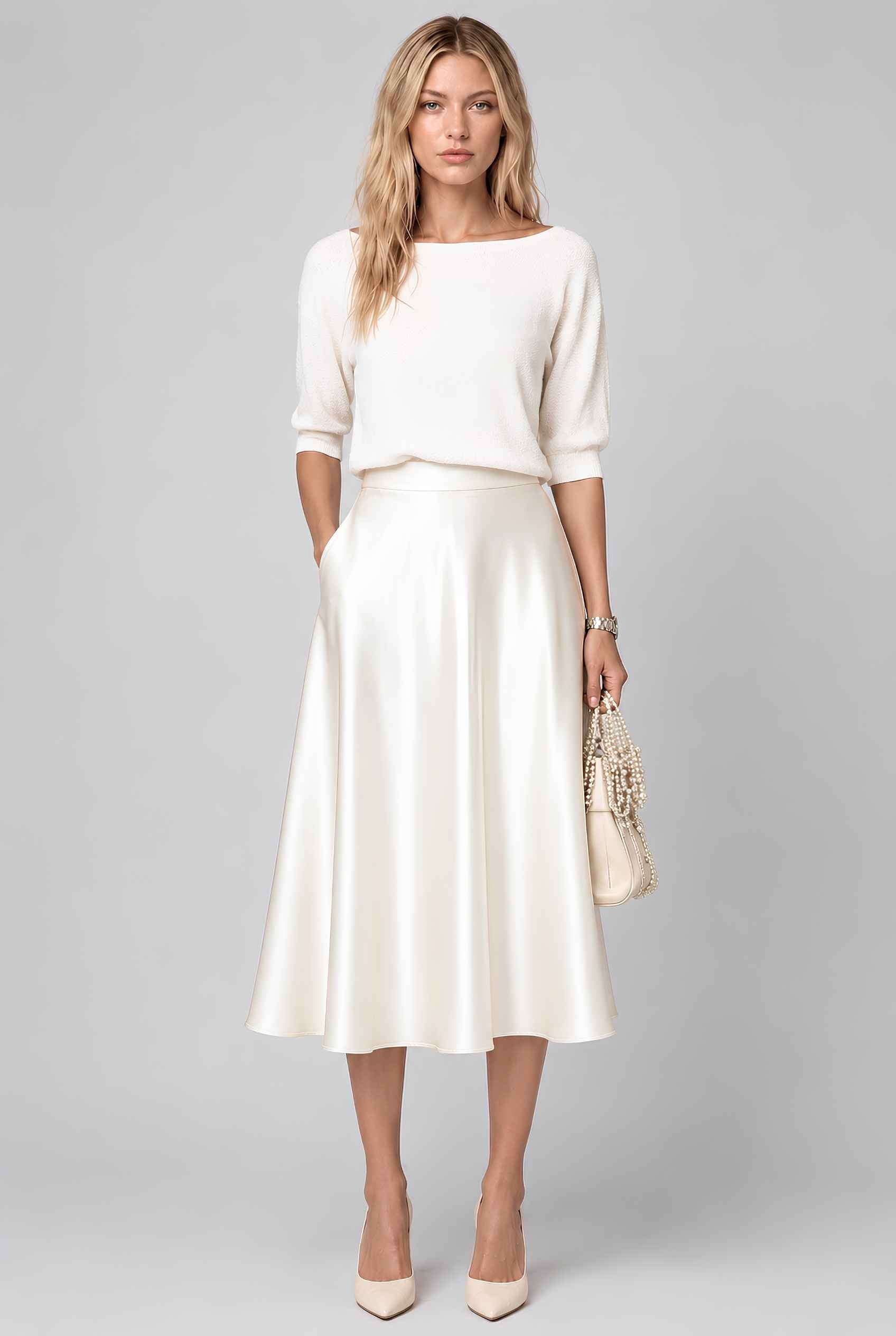 Virtual model wearing The Amaya Satin Skirt High-Waisted Satin Bias Cut Midi Skirt in Ivory