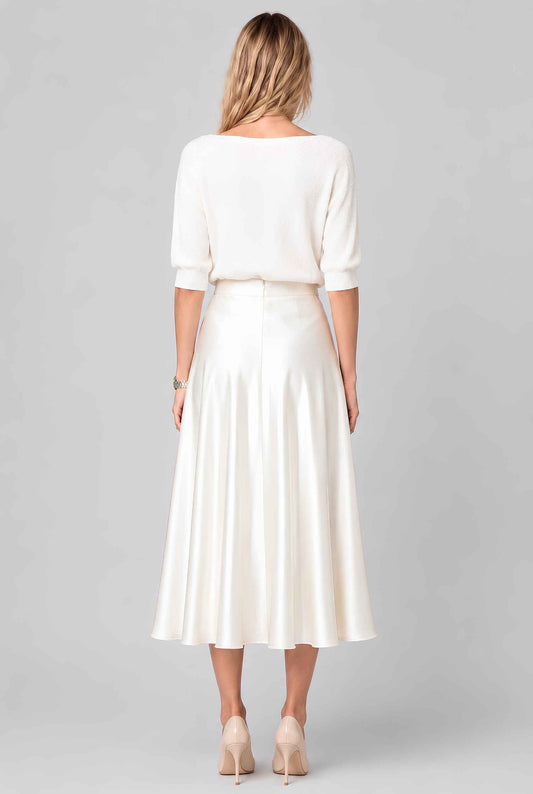 Virtual model wearing The Amaya Satin Skirt High-Waisted Satin Bias Cut Midi Skirt in Ivory