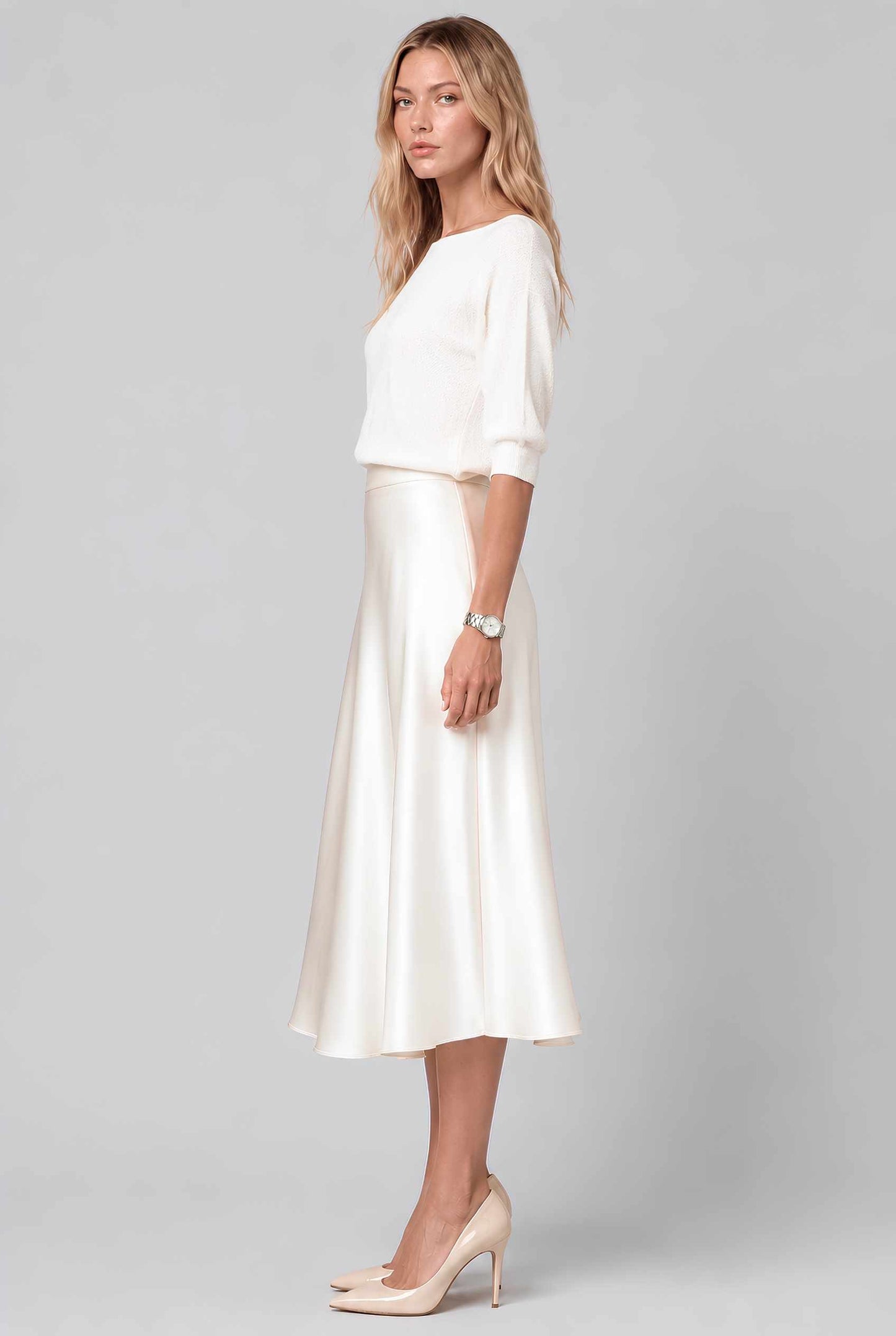 Virtual model wearing The Amaya Satin Skirt High-Waisted Satin Bias Cut Midi Skirt in Ivory