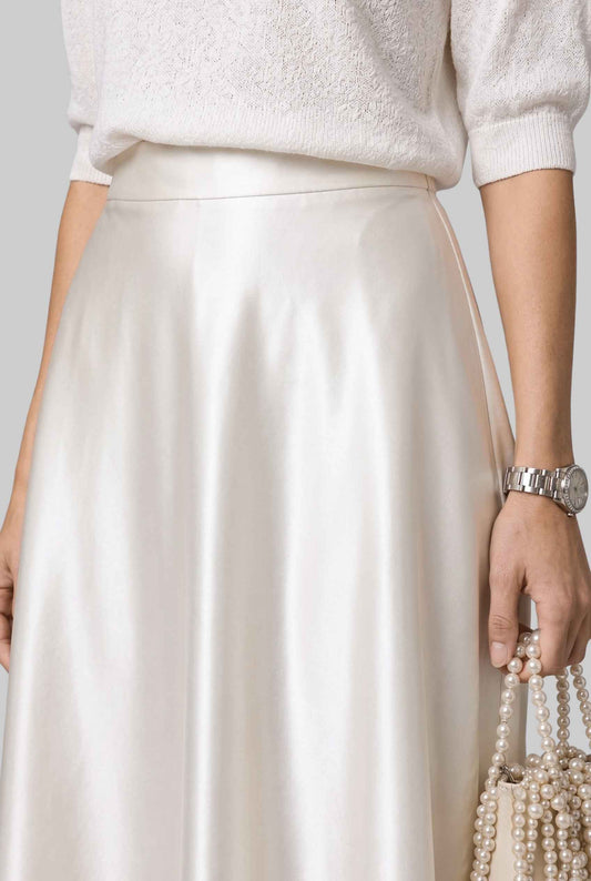Virtual model wearing The Amaya Satin Skirt High-Waisted Satin Bias Cut Midi Skirt in Ivory