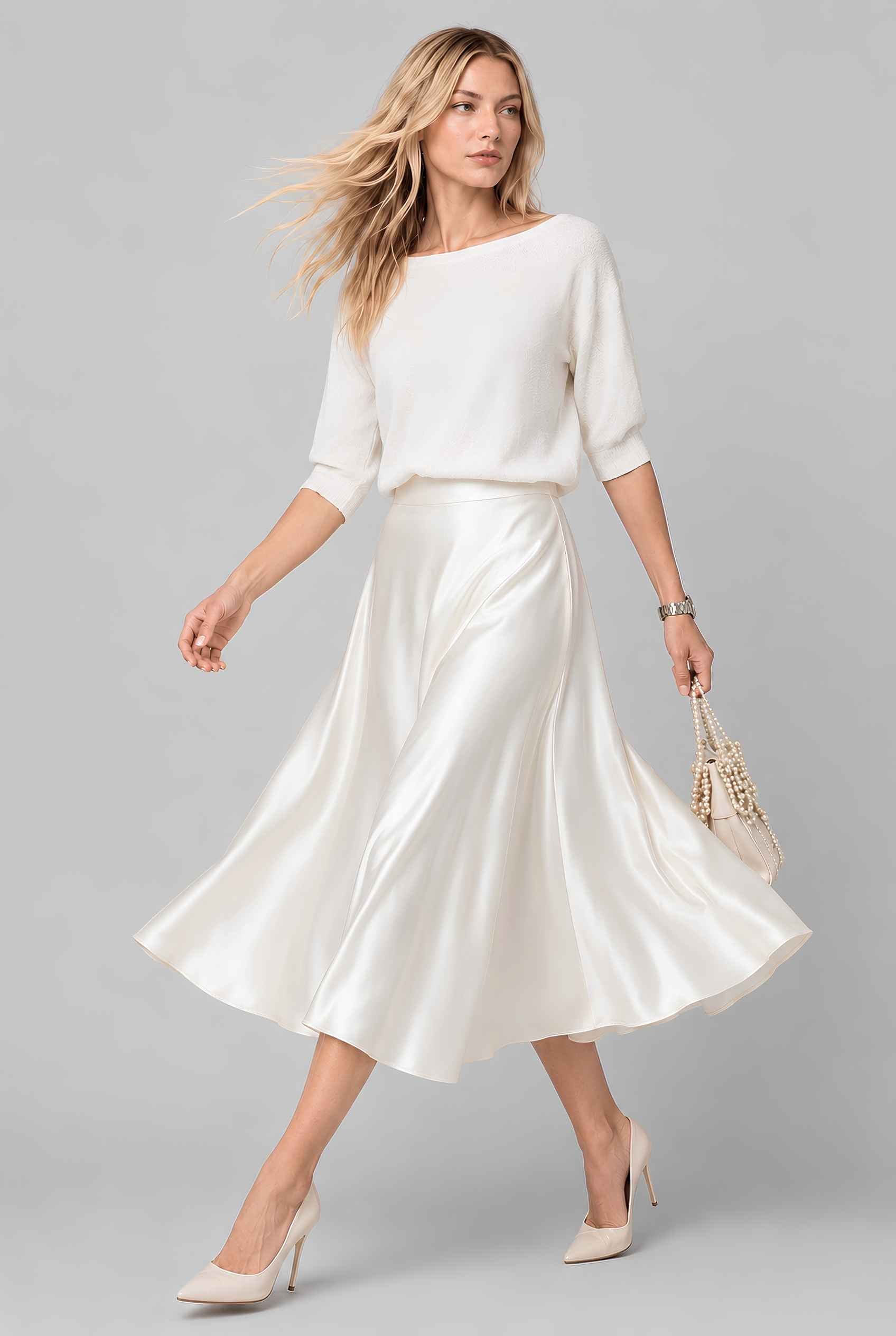 Virtual model wearing The Amaya Satin Skirt High-Waisted Satin Bias Cut Midi Skirt in Ivory