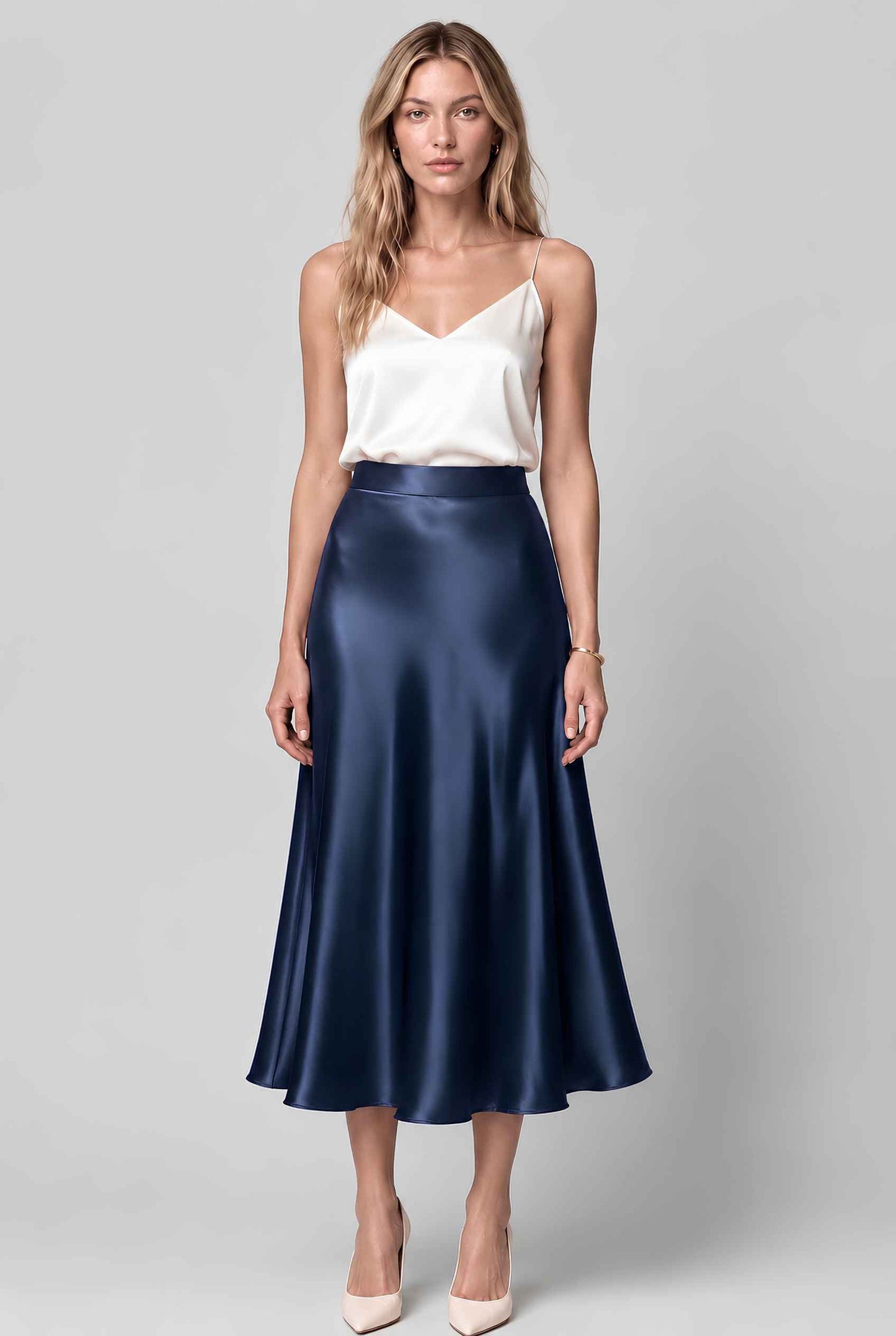 Virtual model wearing The Amaya Satin Skirt High-Waisted Satin Bias Cut Midi Skirt in Navy