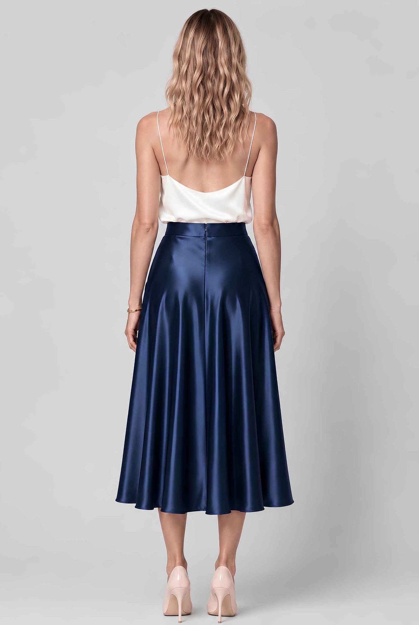 Virtual model wearing The Amaya Satin Skirt High-Waisted Satin Bias Cut Midi Skirt in Navy