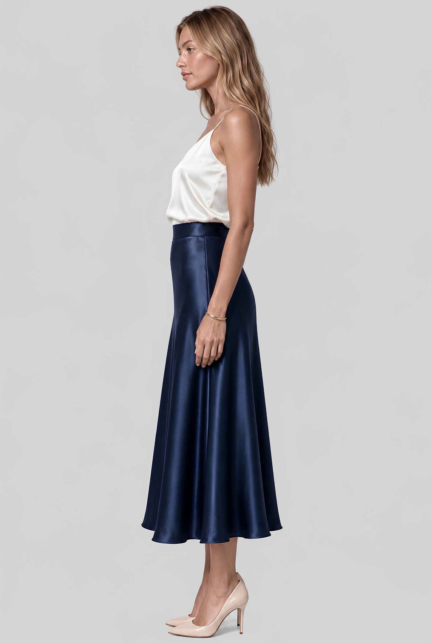 Virtual model wearing The Amaya Satin Skirt High-Waisted Satin Bias Cut Midi Skirt in Navy