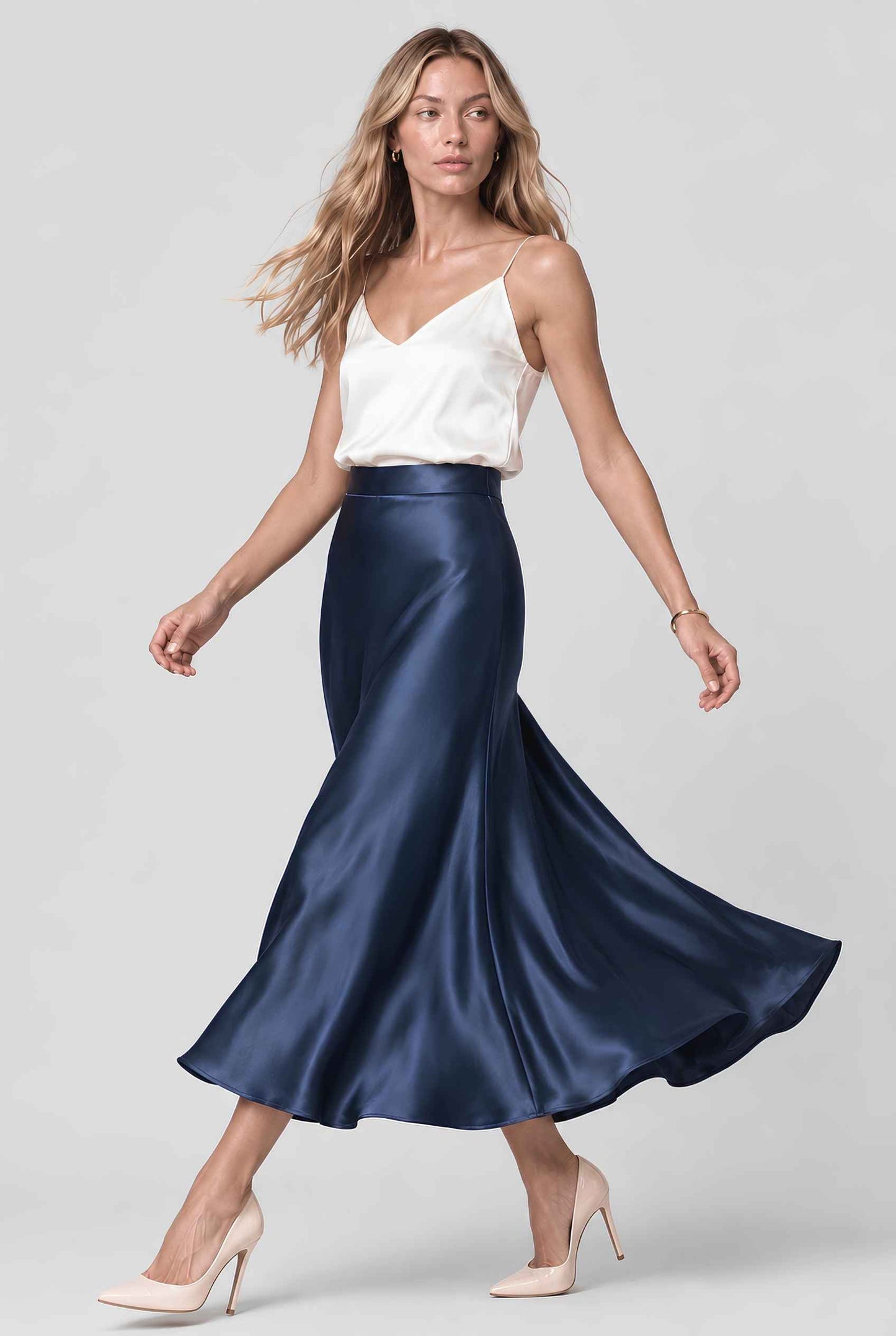 Virtual model wearing The Amaya Satin Skirt High-Waisted Satin Bias Cut Midi Skirt in Navy