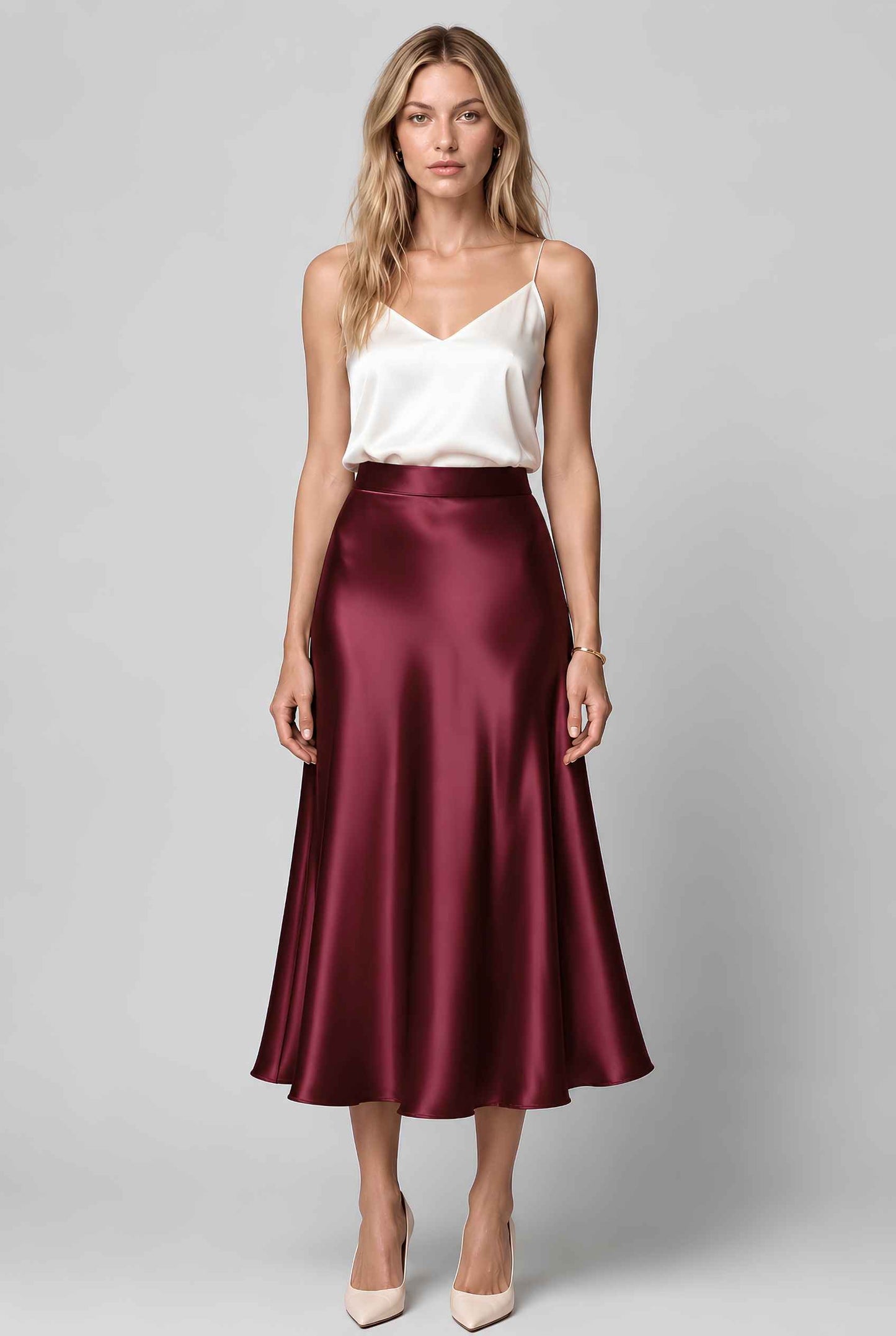 Virtual model wearing The Amaya Satin Skirt High-Waisted Satin Bias Cut Midi Skirt in Wine