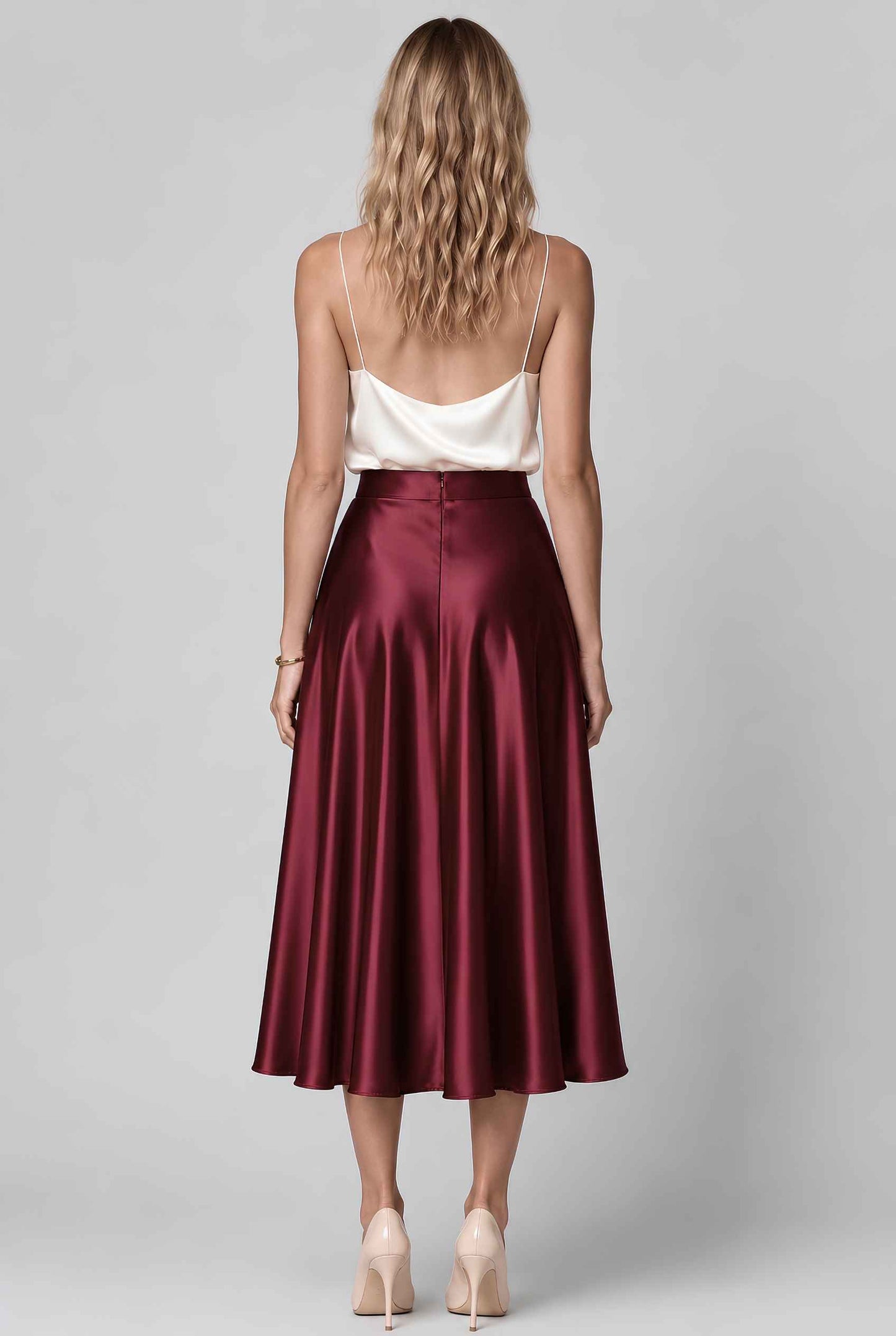 Virtual model wearing The Amaya Satin Skirt High-Waisted Satin Bias Cut Midi Skirt in Wine