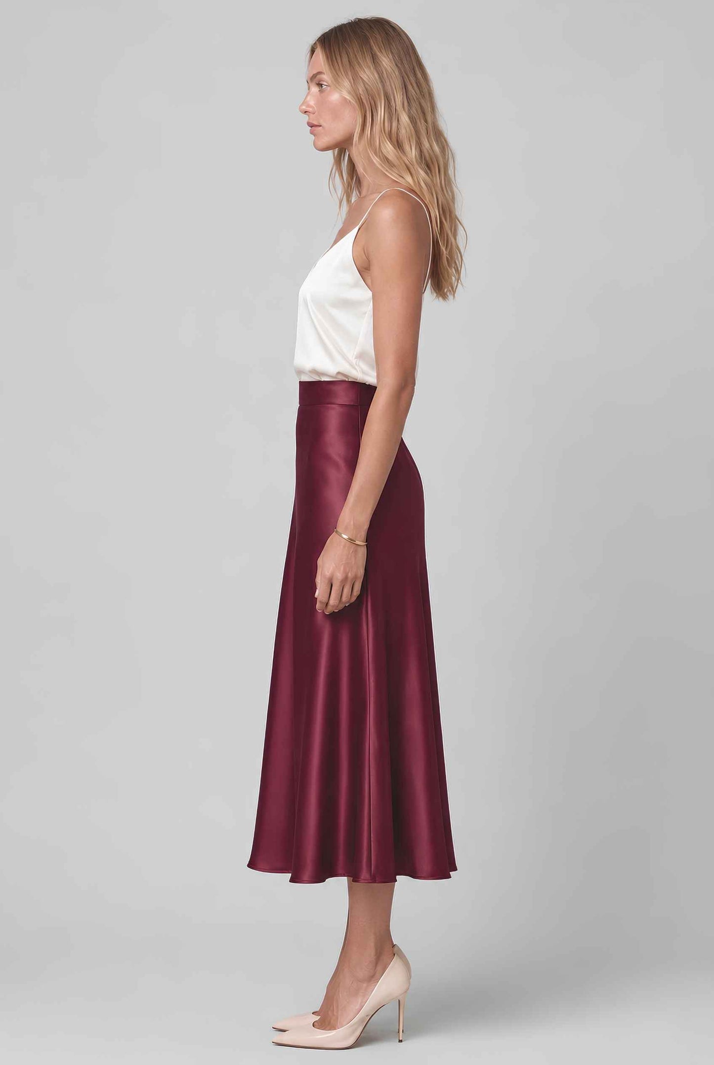 Virtual model wearing The Amaya Satin Skirt High-Waisted Satin Bias Cut Midi Skirt in Wine