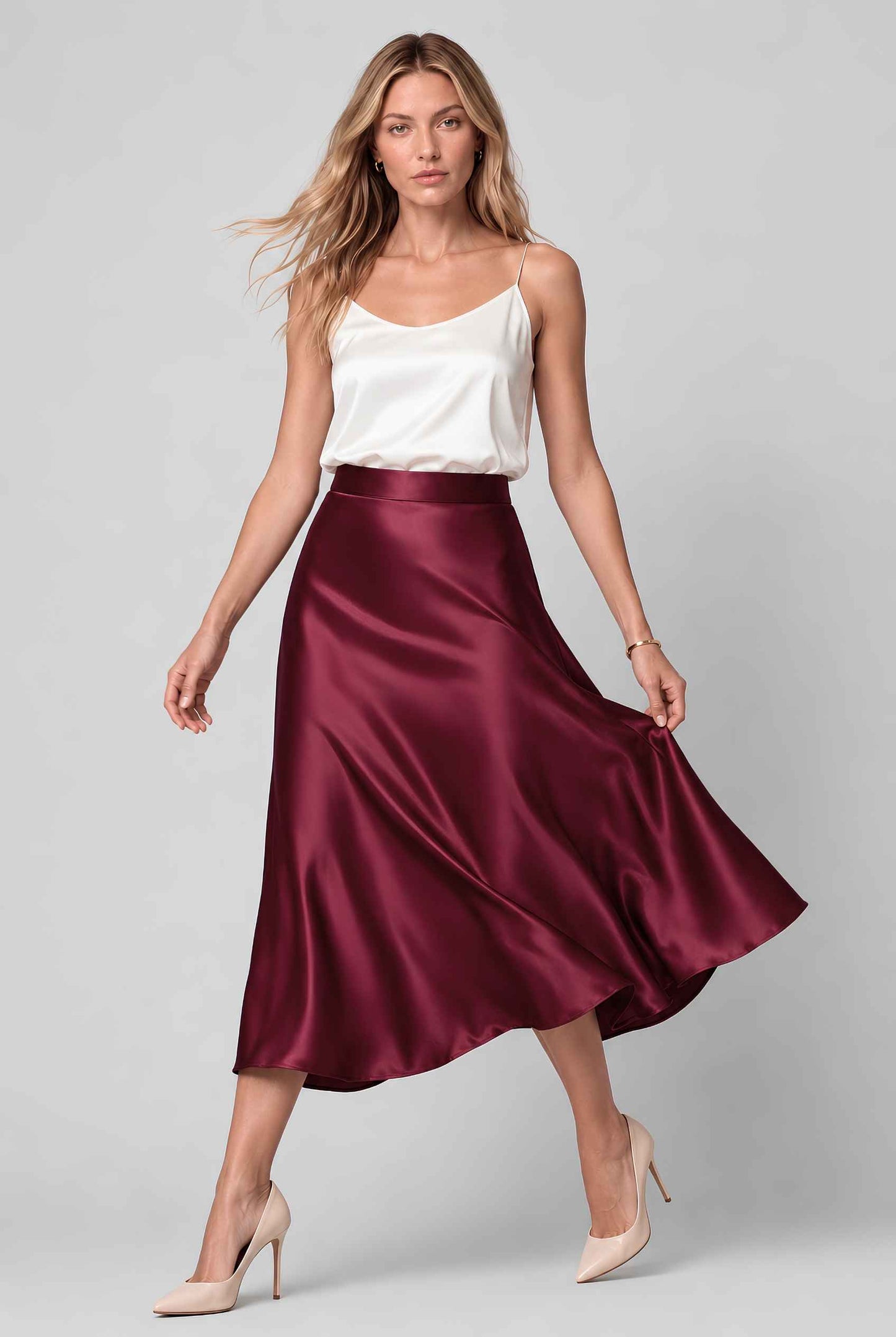 Virtual model wearing The Amaya Satin Skirt High-Waisted Satin Bias Cut Midi Skirt in Wine