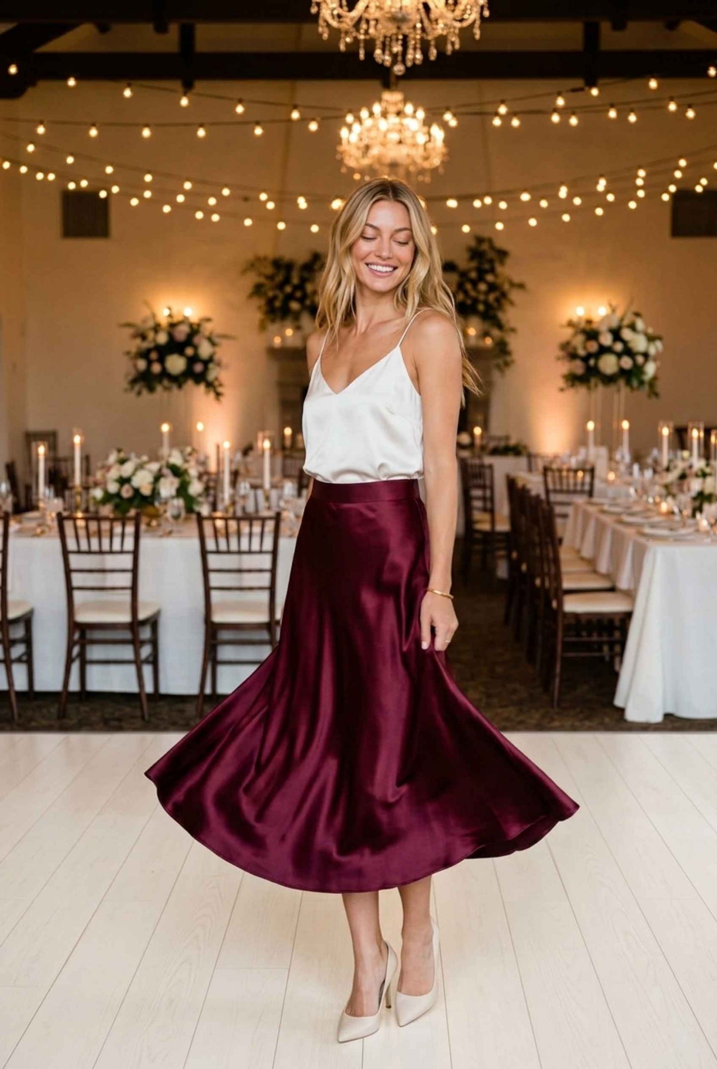Virtual model wearing The Amaya Satin Skirt High-Waisted Satin Bias Cut Midi Skirt in Wine