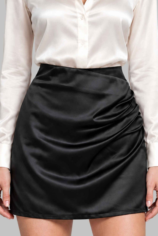 Virtual model wearing The Anaïs Ruched Satin Mini Skirt A-Line Satin Mini Skirt Black
