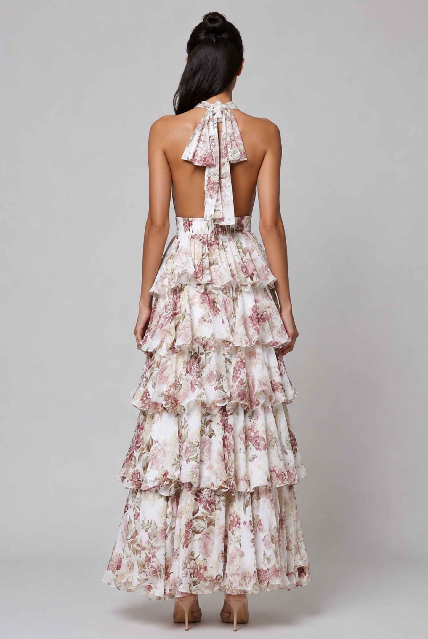 Virtual Model wearing The Anastasia Dress Halter Tie Mauve Chiffon Dress