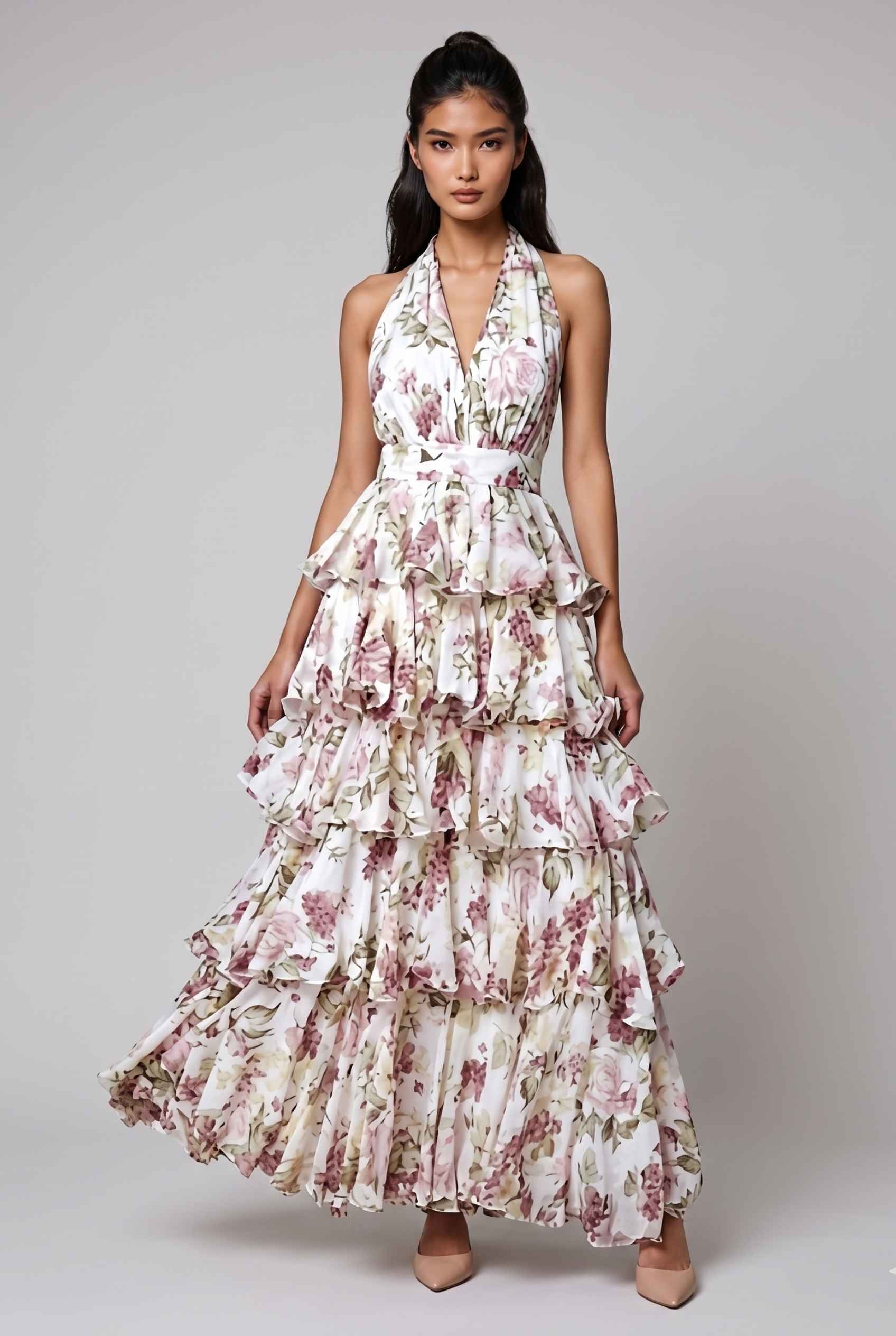 Virtual Model wearing The Anastasia Dress Halter Tie Mauve Chiffon Dress