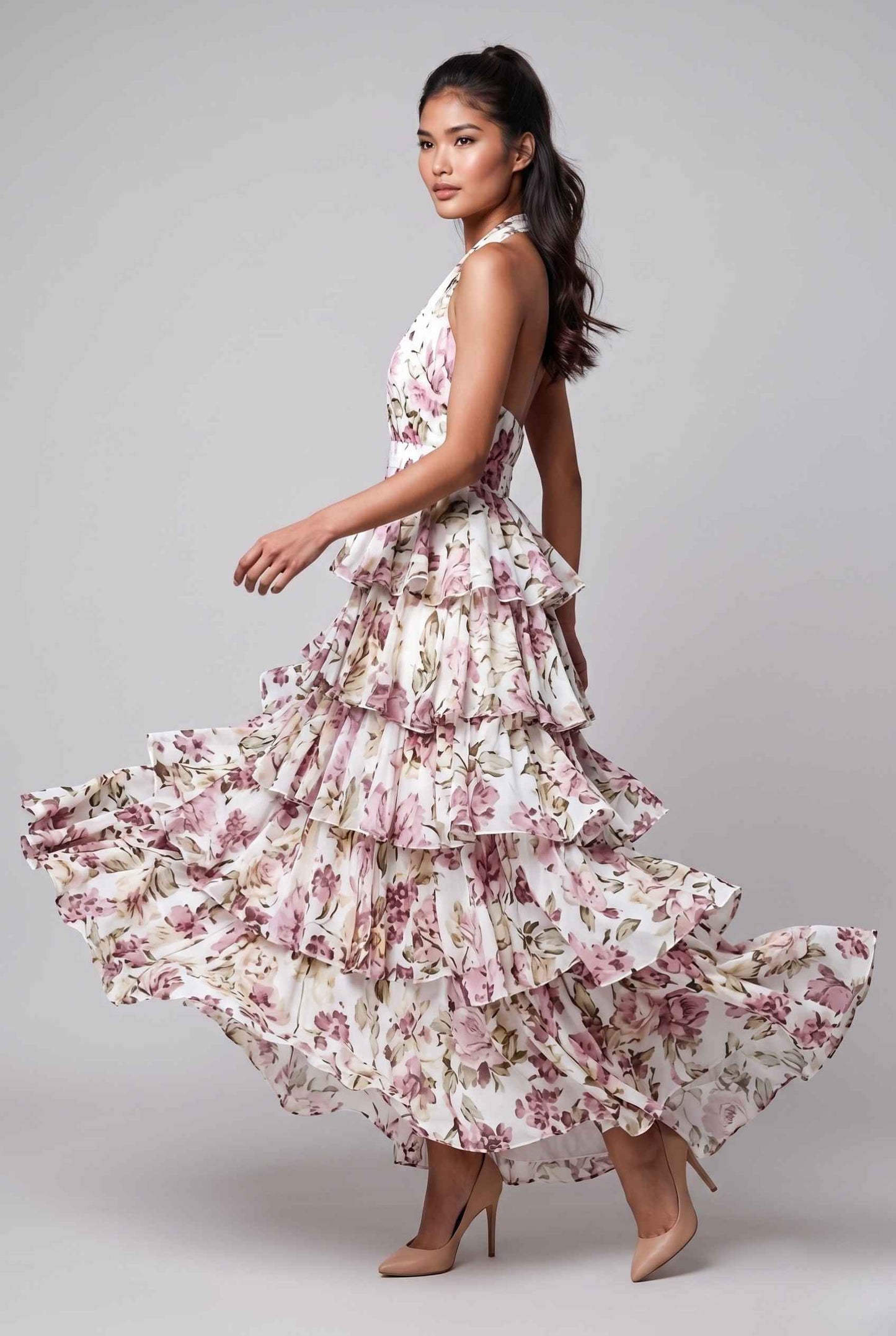 Virtual Model wearing The Anastasia Dress Halter Tie Mauve Chiffon Dress