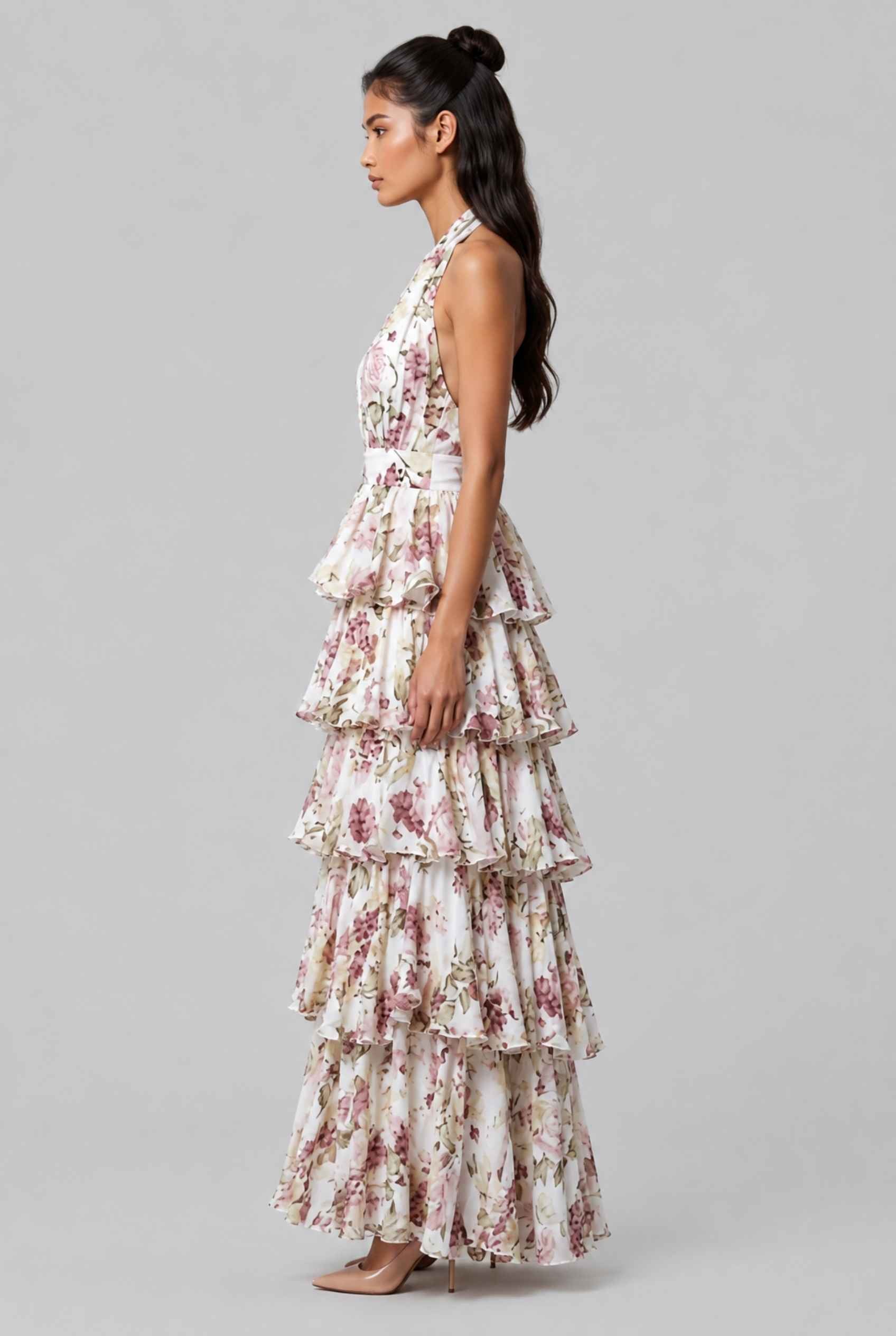 Virtual Model wearing The Anastasia Dress Halter Tie Mauve Chiffon Dress